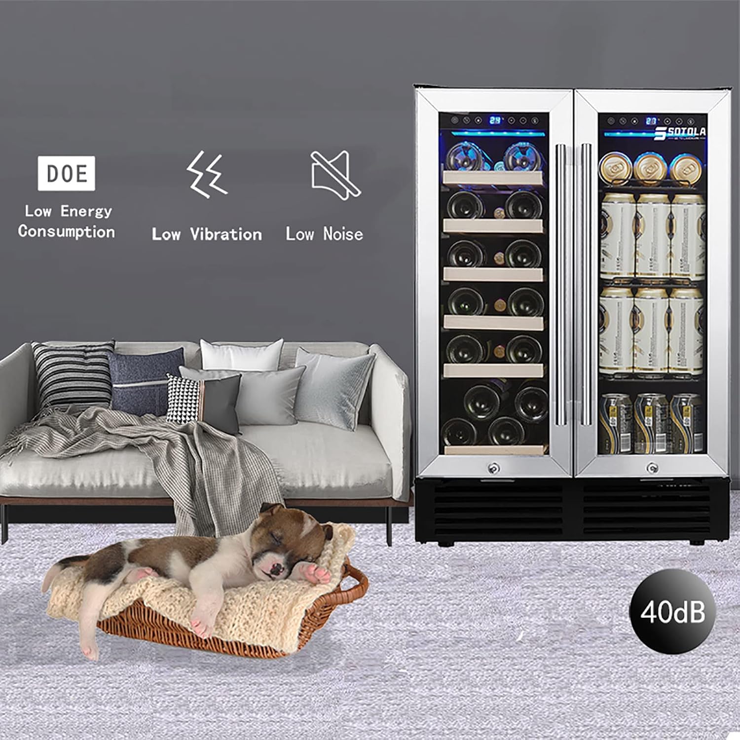 24'' Wine Cooler Refrigerator, Dual Zone Built-in or Freestanding Wine Cooler with Double Glass Door, Mini Quietly Fridge with Compressor, Keeps 19 Wine Bottles and 57 Cans Beverages