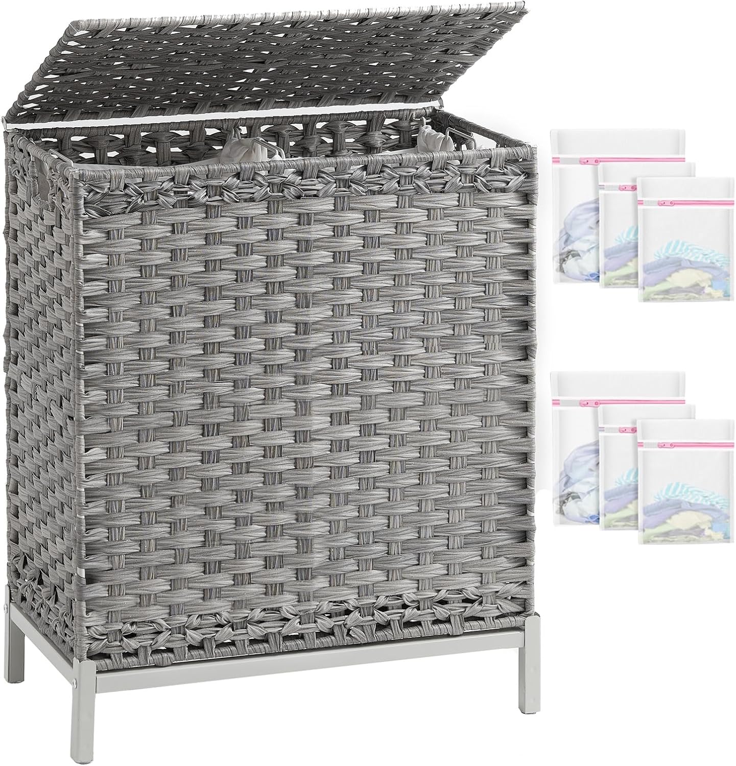 Laundry Hamper with Lid, 112 L Handwoven Rattan Wicker Laundry Basket, 2 Removable Liner Bags Metal Heightened Feet, 6 Mesh Bags, 2 Section Large Clothes Hamper for Bathroom Bedroom, Gray