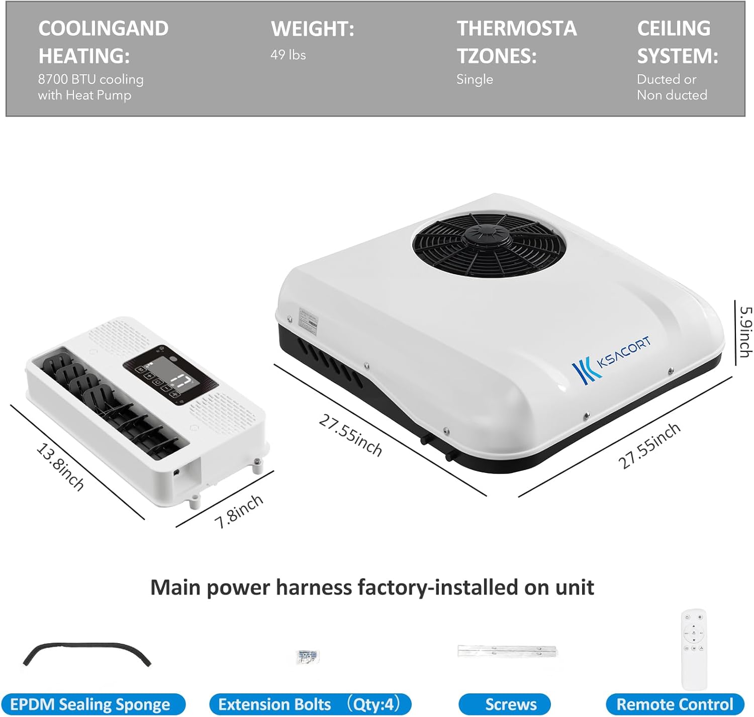 12V AC Unit 8700BTU RV Air Conditioner Scroll Compressor Ultra Quiet 12V RV AC for Trucks Vans Campers Cooling & Heating System
