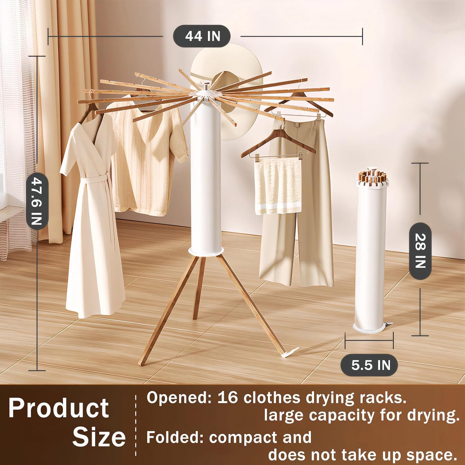 Tripod Clothes Drying Rack - Foldable Laundry Drying Rack - Household Floor Standing Clothes Drying Racks with 16 Wooden Drying arms for Balconies, Laundry, Bedrooms