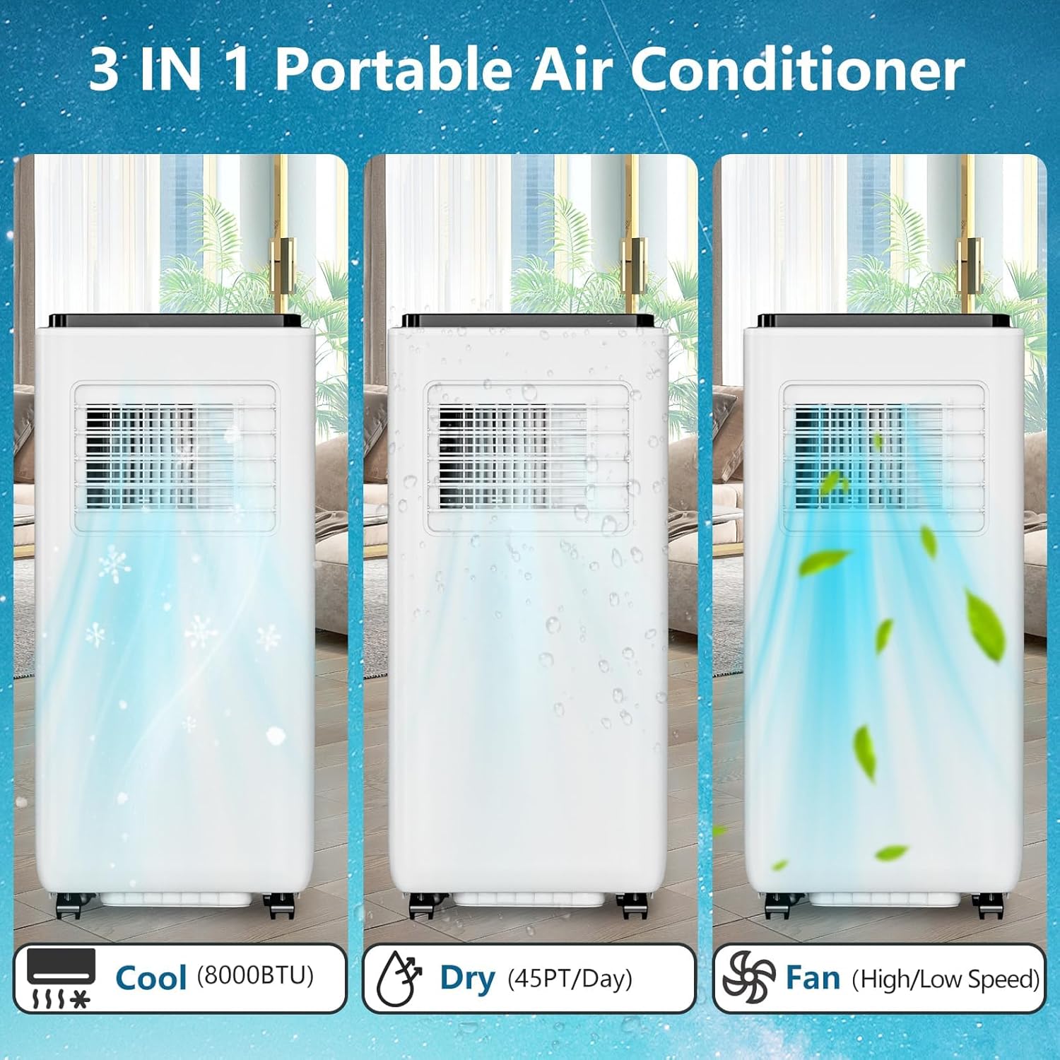 Portable Air Conditioner 8000 BTU - Dehumidifier & Cooling Fan for 350 Sq Ft Rooms, Includes Remote Control，Portable AC Unit, Window Kit for Bedrooms Office Home.