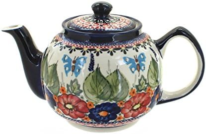 Blue Rose Polish Pottery - Red Floral Butterfly Medium Teapot - 4 Cup Capacity - Hand-Painted Polish Pottery Ceramic Coffee & Tea Server