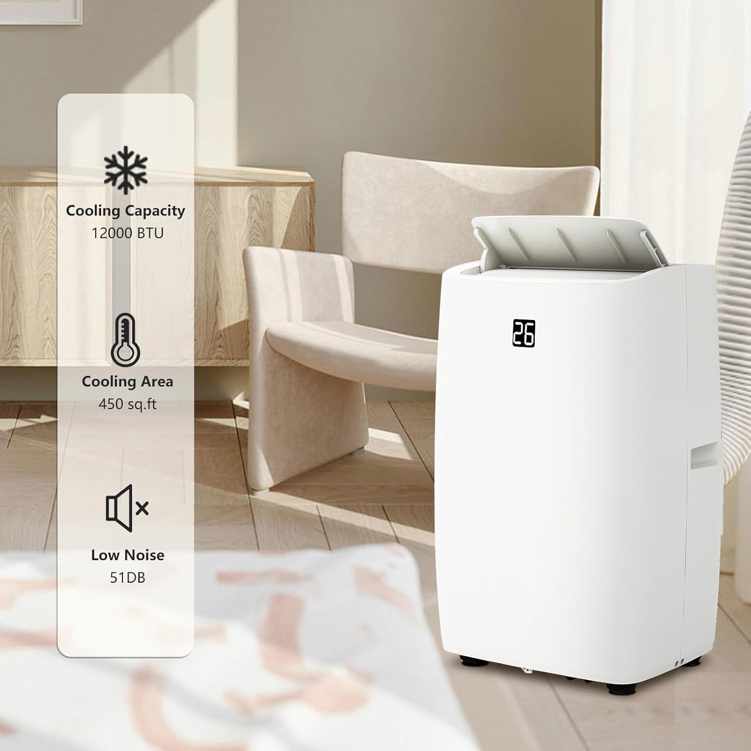 Portable Air Conditioner 12000 BTU, Quiet 52dB Operation, Adjustable Fan Speeds, Room Air Conditioner with Remote Control, Ideal for Home & Office