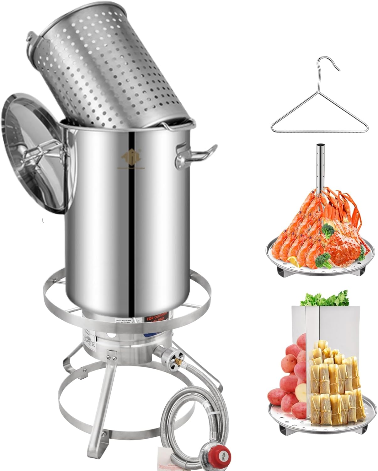 ARC 32QT Stainless Steel Turkey Fryer Pot and Burner Kit,Propane Burners for Outdoor Cooking, Tamale Steamer Pot with basket, and steamer rack. Great for Seafood boil, Crawfish Boil, Home Brewing