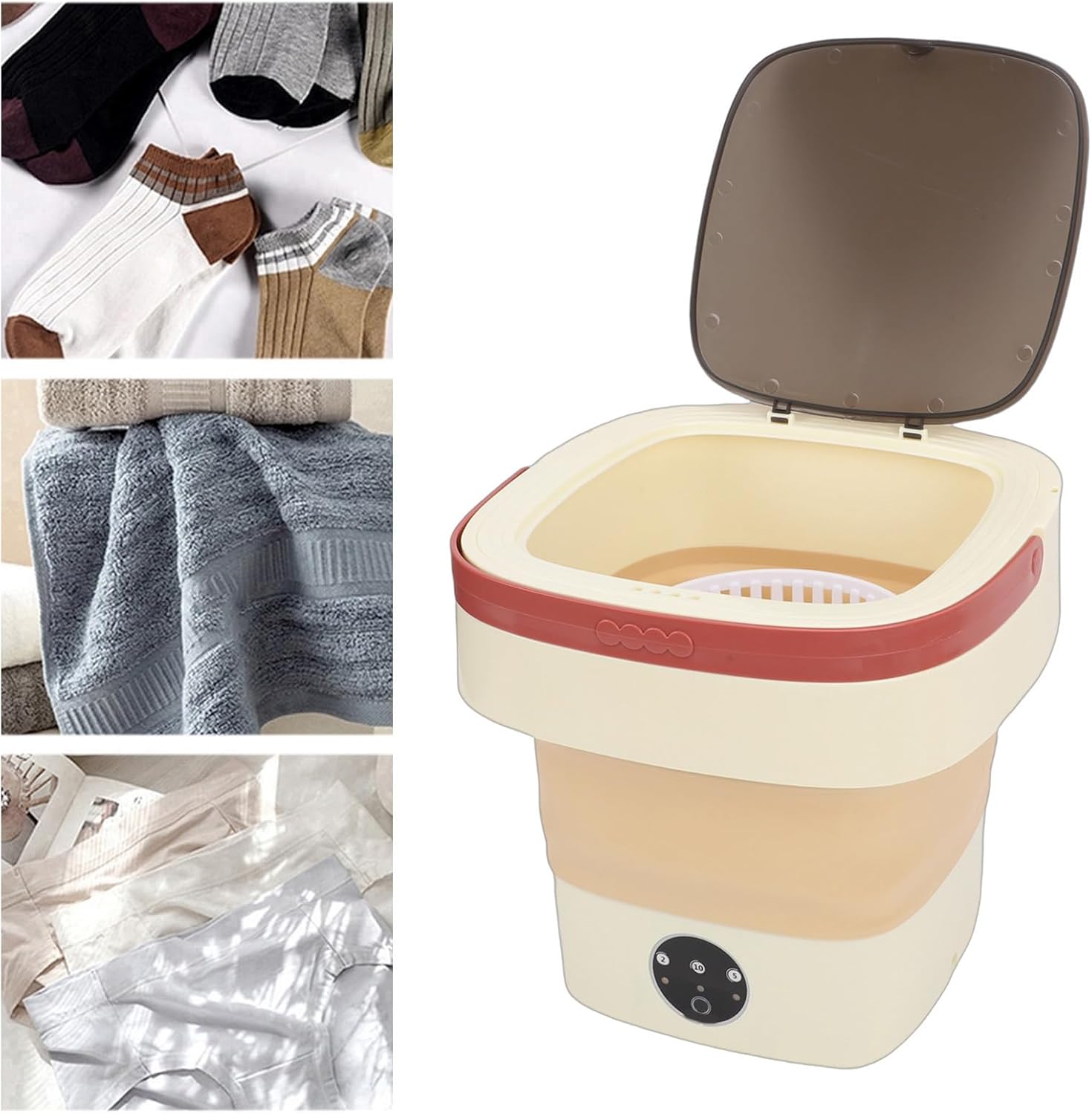 Fockety Portable Washing Machine 8L, Foldable Mini Washer with 3 Modes and Spinning Drying, Compact Laundry for Underwear Socks Baby Clothes, Apartment Dorm Travel Camping (Khaki)