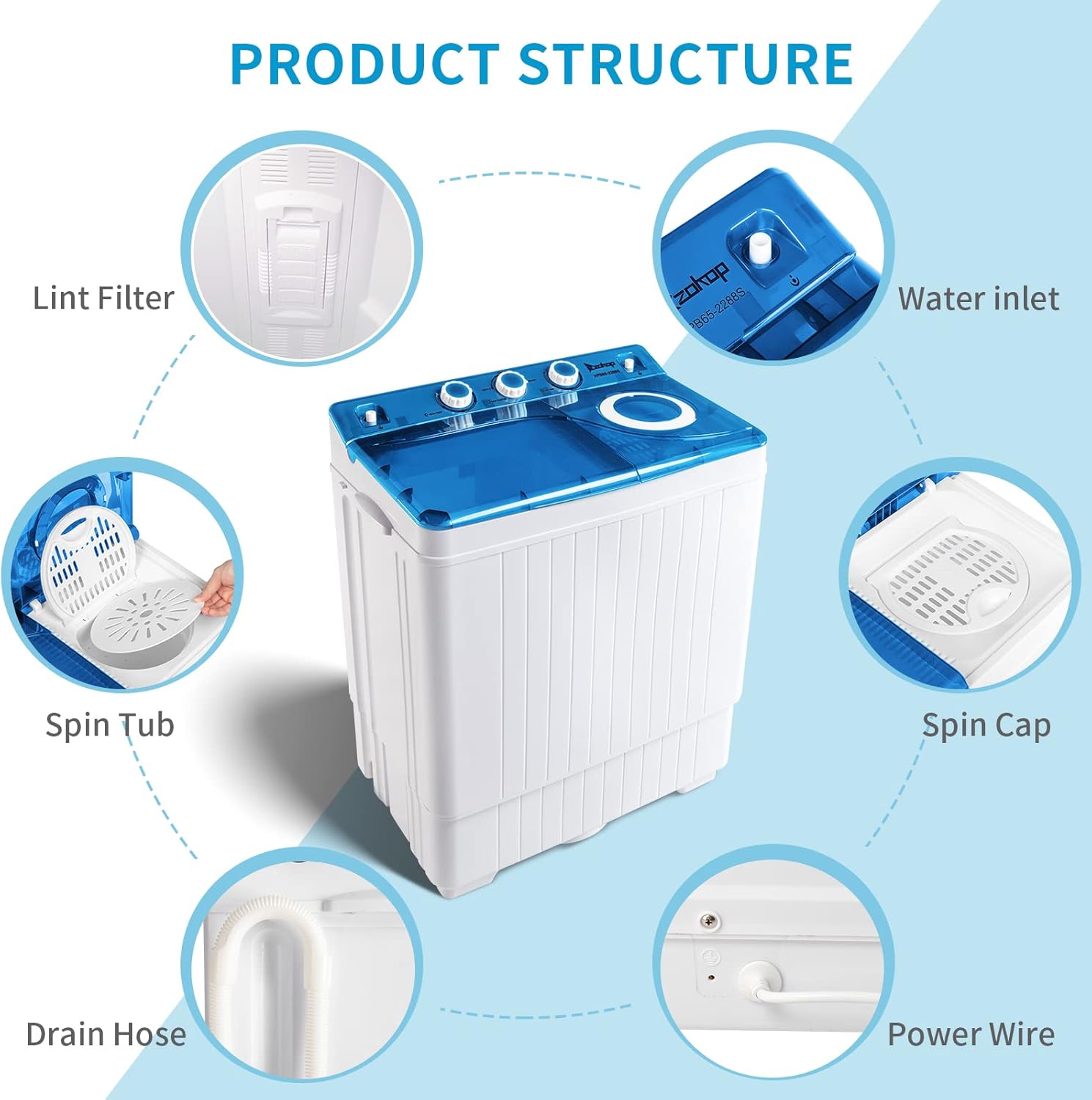 26LBS Portable Washing Machine, Washer(18Lbs) and Spinner(8Lbs), Mini Compact Twin Tub Washer and Dryer Combo with Pump Draining, Great for Dorms Apartments RV Camping (White & Blue)