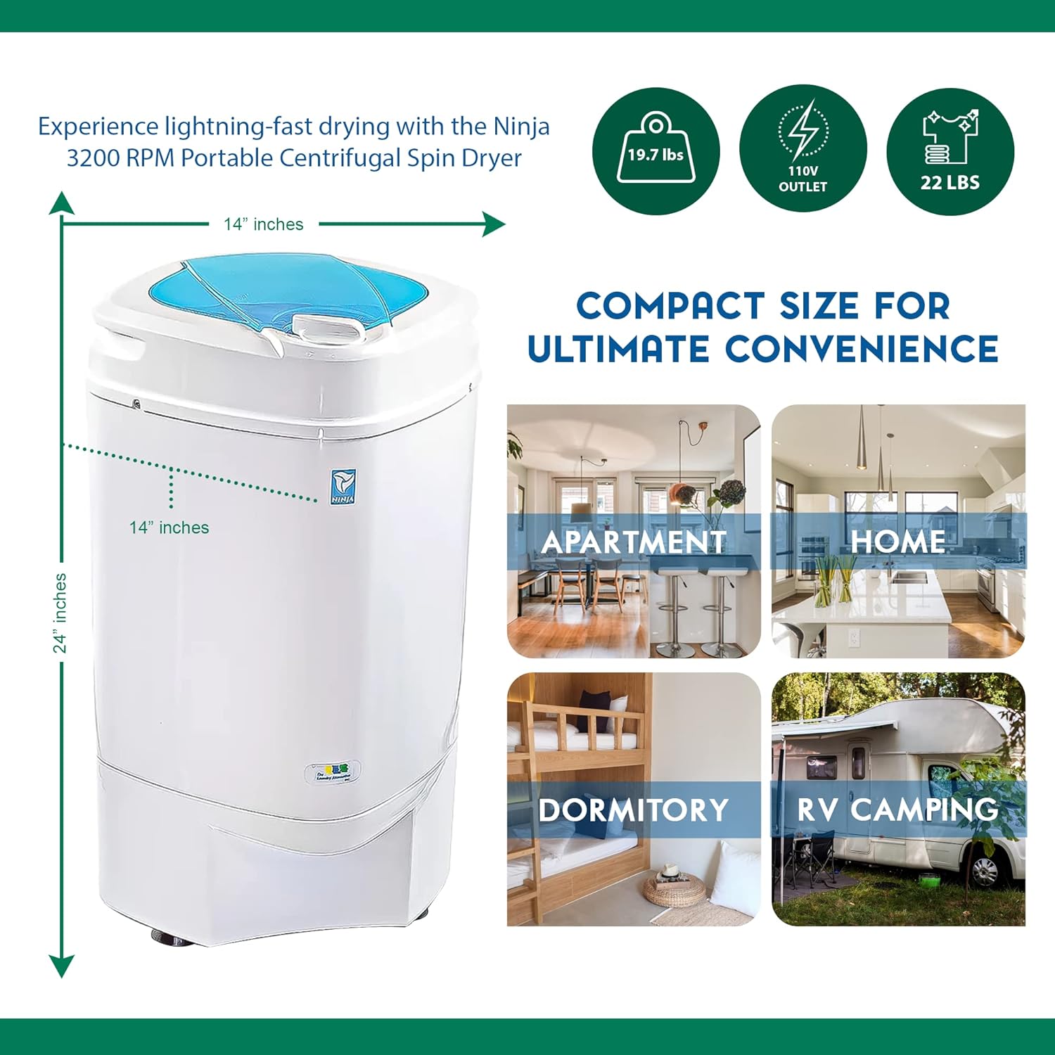 Ninja Spin Dryer - Portable Clothes Dryer with 3200 RPM & High Tech Suspension System - Perfect for Apartments & RV Travel - Rose
