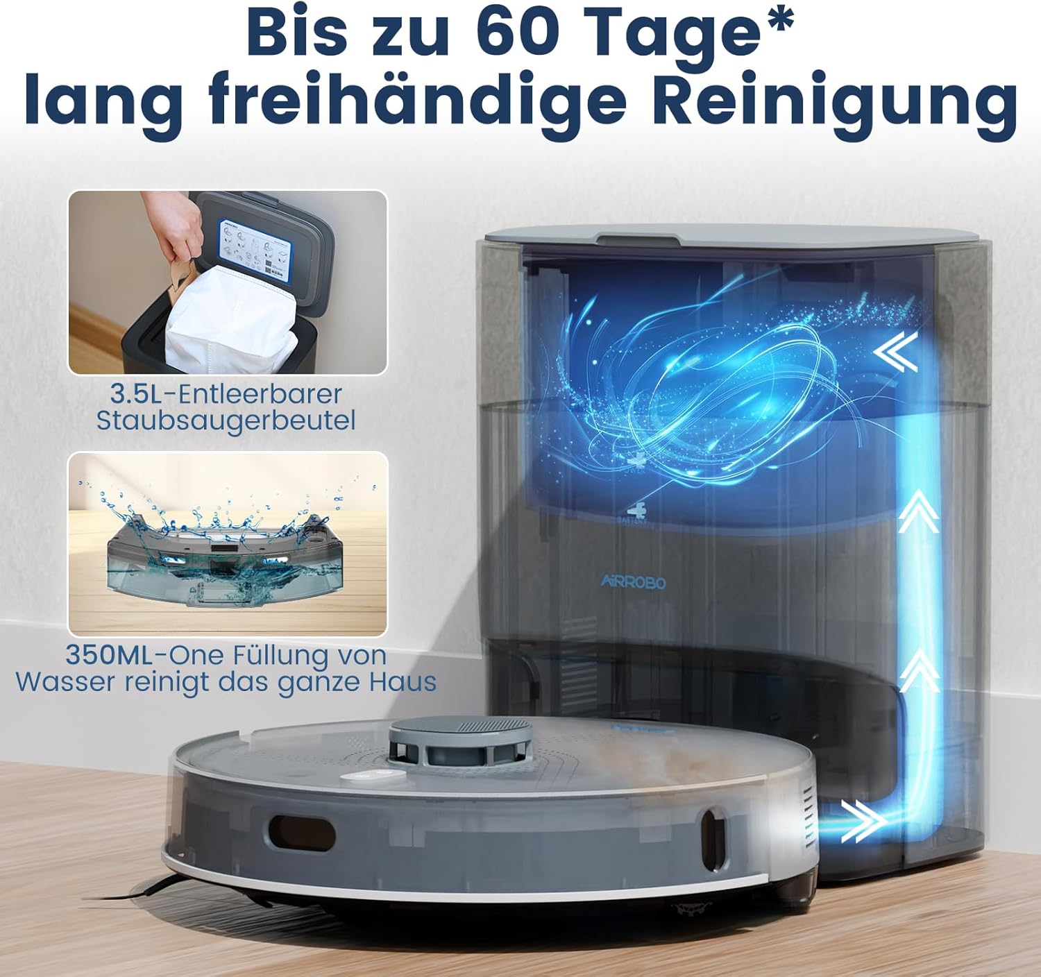 AIRROBO Robot Vacuum and Mop Combo, 75-Day Self-Emptying, 6000PA Suction, Tangle-Free Brush, Carpet Avoidance, LiDAR Navigation,Multi-Floor Mapping, Smart APP Control, Gray