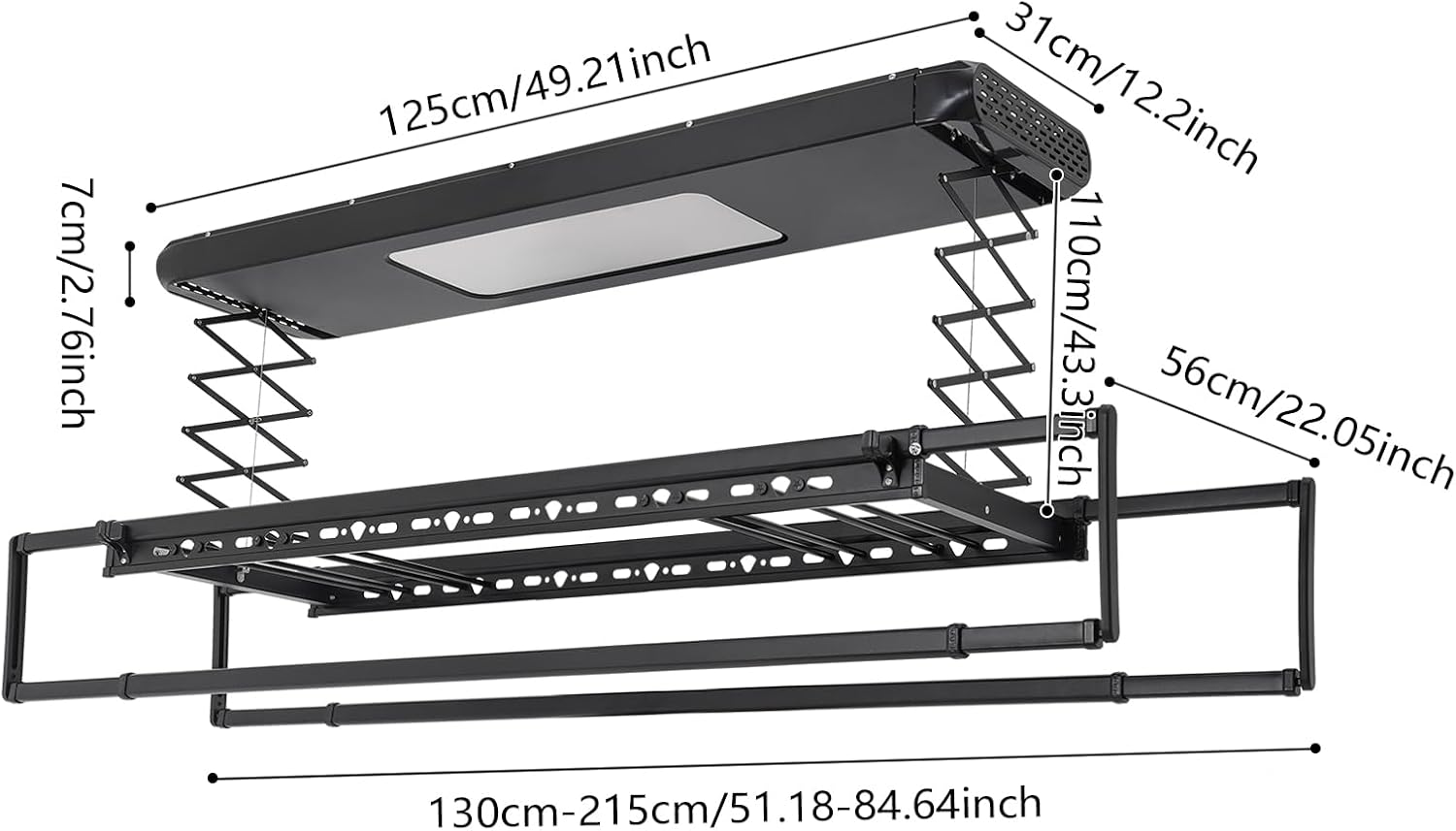 Electric Clothes Airing Rack,Adjustable Ceiling Mounted Smart Control Clothes Airing Rack w/ LED Lighting & 2 Retractable Rods,Vertical Laundry Clothesline w/ 8 Horizontal Rods for Balcony (Black)