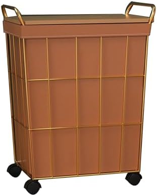 Iron Wire Laundry Hamper on Wheels Rolling Laundry Basket w/Leather Liner Bag & Handle Gold Metal Frame Laundry Sorter w/Lid for Bedroom Washing Basket (White 45x32x56cm)
