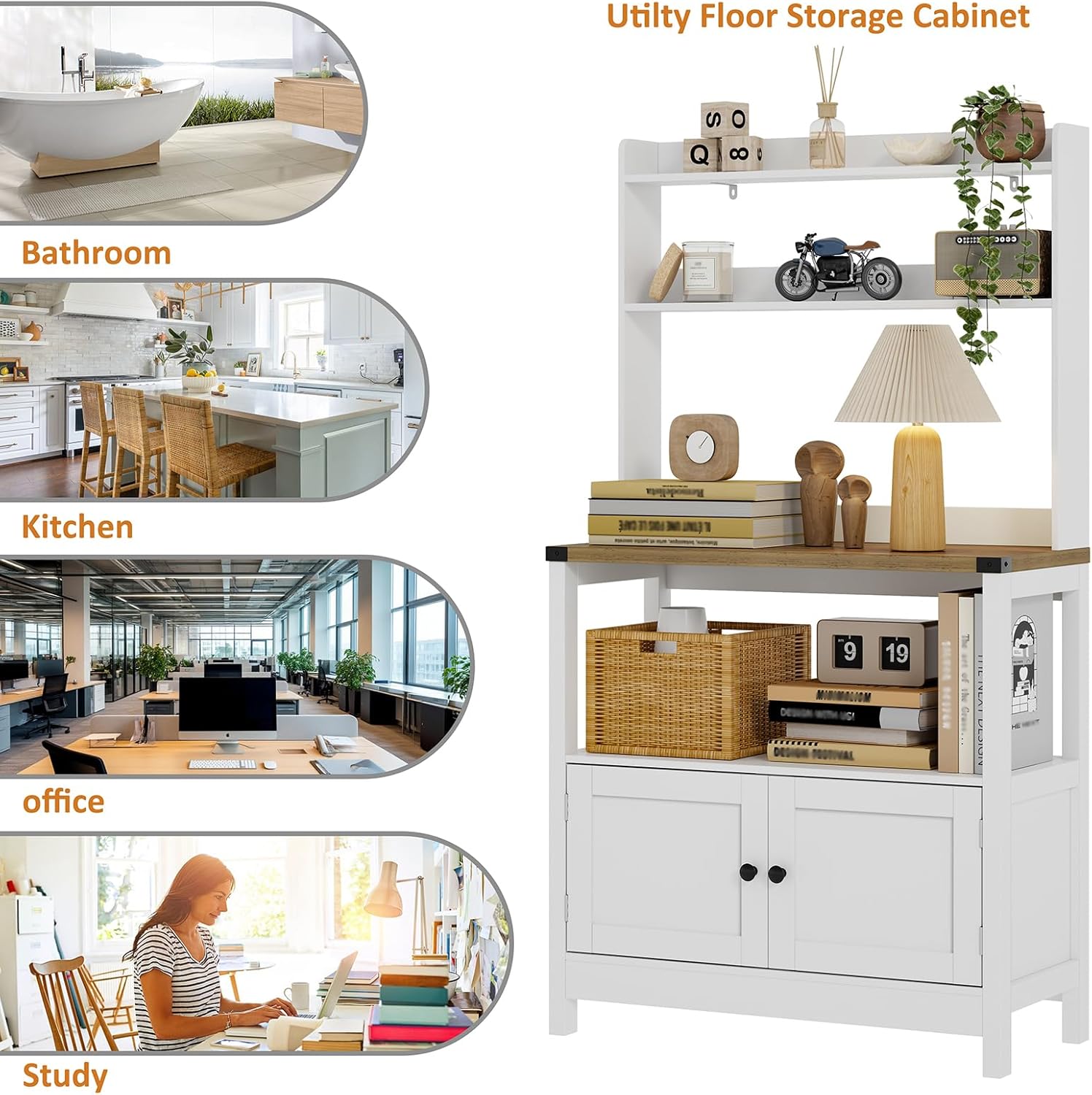 Microwave Stand Bakers Rack Cabinet, Freestanding 5-Tier Kitchen Shelves, Farmhouse Floor Hutch Door Thickened Counter,Utility Storage Shelf, Coffee Bar(White and Brown)