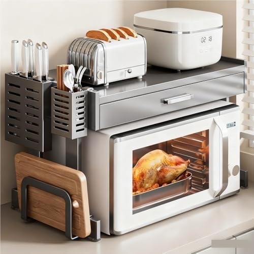 Microwave Stand with Drawer, Countertop Microwave Shelf, Space-Saving Kitchen Organizer for Ovens, Rice Cookers, Small Appliances(Gray,24.4