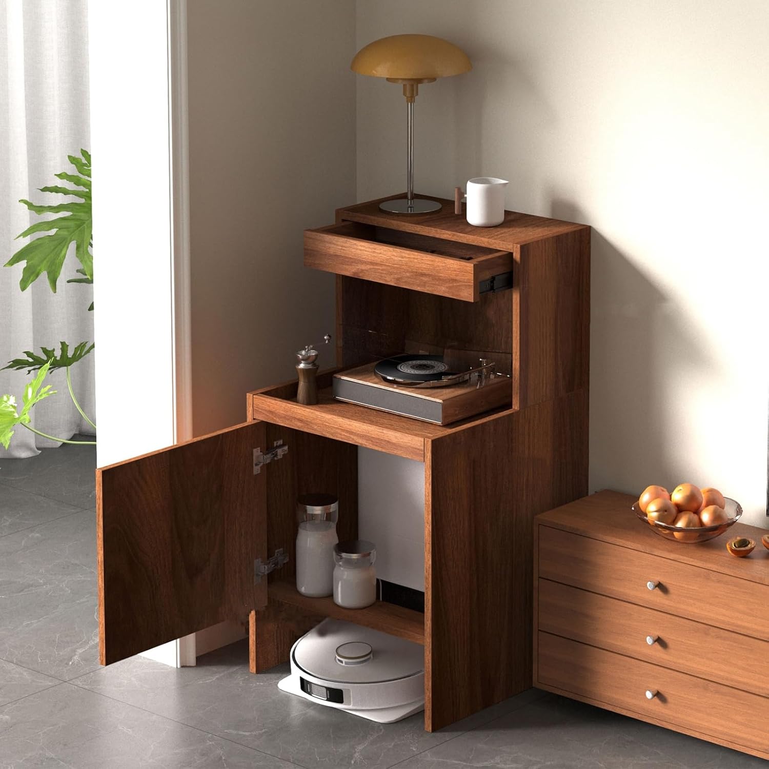 Robot Vacuum Stand Cabinet, Storage Cabinet with Doors and Drawers for Robot Vacuum Cleaner, End Side Table for Home Office, Home Furnishing Night Stand(Yellow,50 * 50 * 65cm)