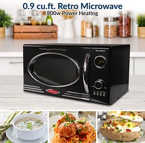 Nostalgia RMO4BK Retro 0.9 Cubic Foot 800-Watt Countertop Microwave Oven, 5 Power Levels and 12 Cook Settings, LED Display, Jet Black