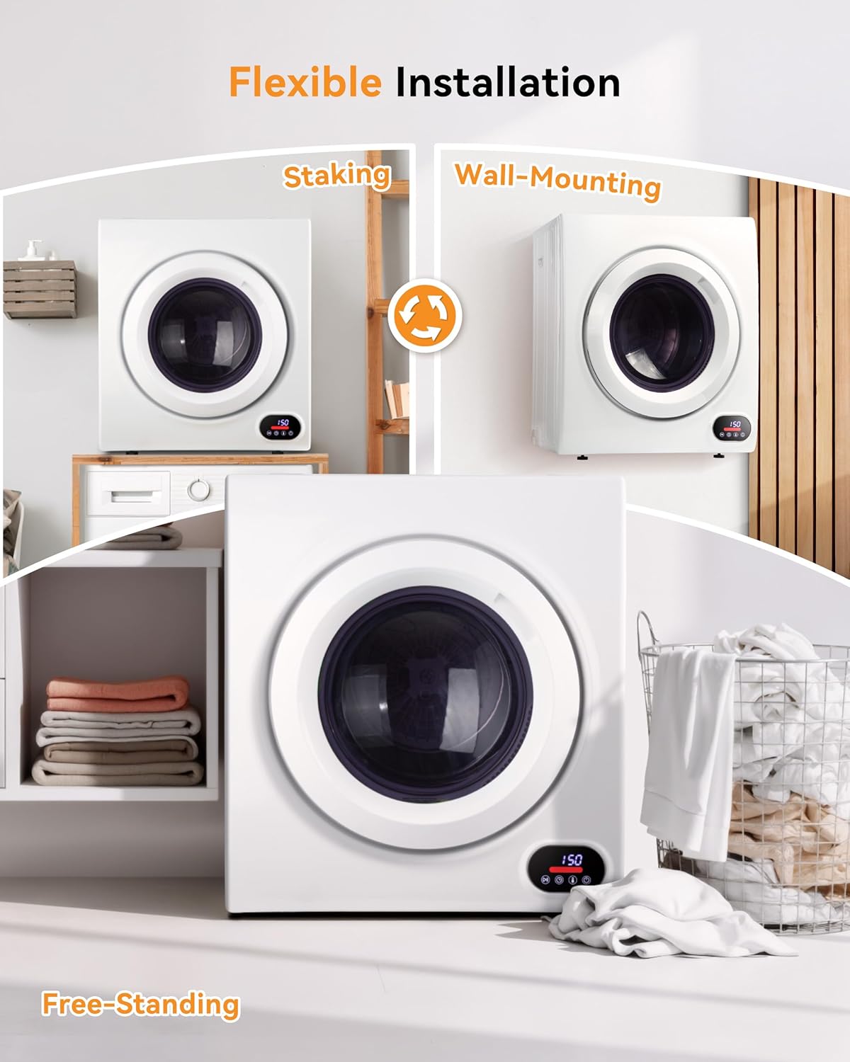 21.1 LBS Compact Laundry Dryer, 3.5 cu ft Front Load Stainless Steel Clothes Dryers With Exhaust Pipe, 1500W, LCD Control Panel, 4 Function Portable Dryer For Apartments, Home, Dorm, White