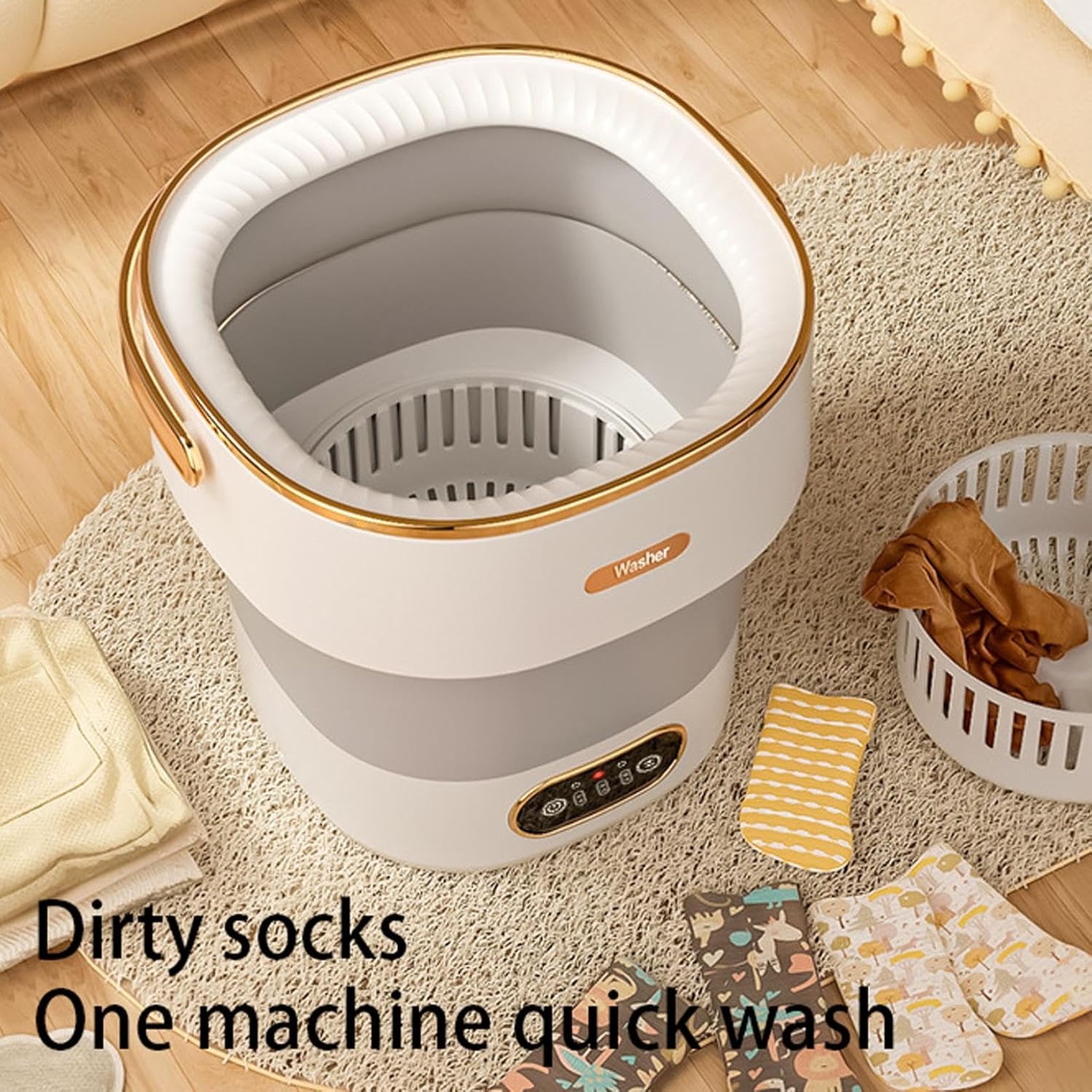 Mini Portable Washing Machine Laundry Cup 15L Washer with 3 Cleaning Modes and Drain Pipe for Apartments Travel and RV, Folding Clothes Washing Machines for Underwear and Baby Clothes (Beige)