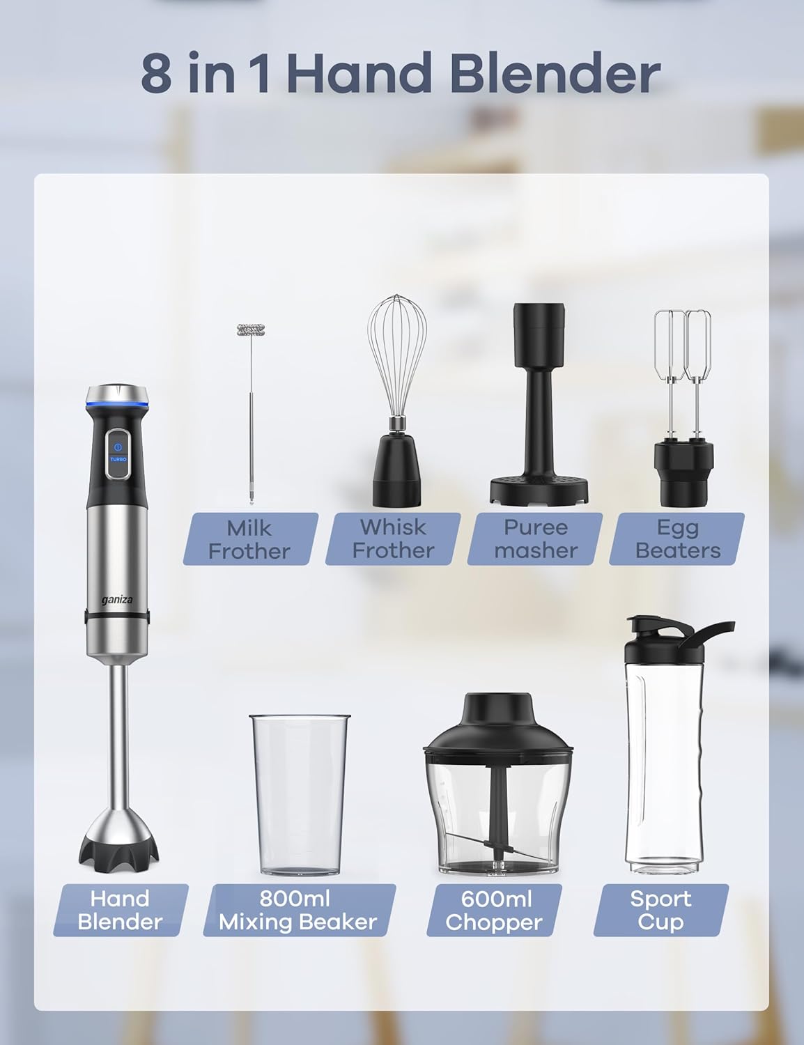 Ganiza GH10 8-in-1 Immersion Blender Handheld and 800ml Mixing Baker Bundle