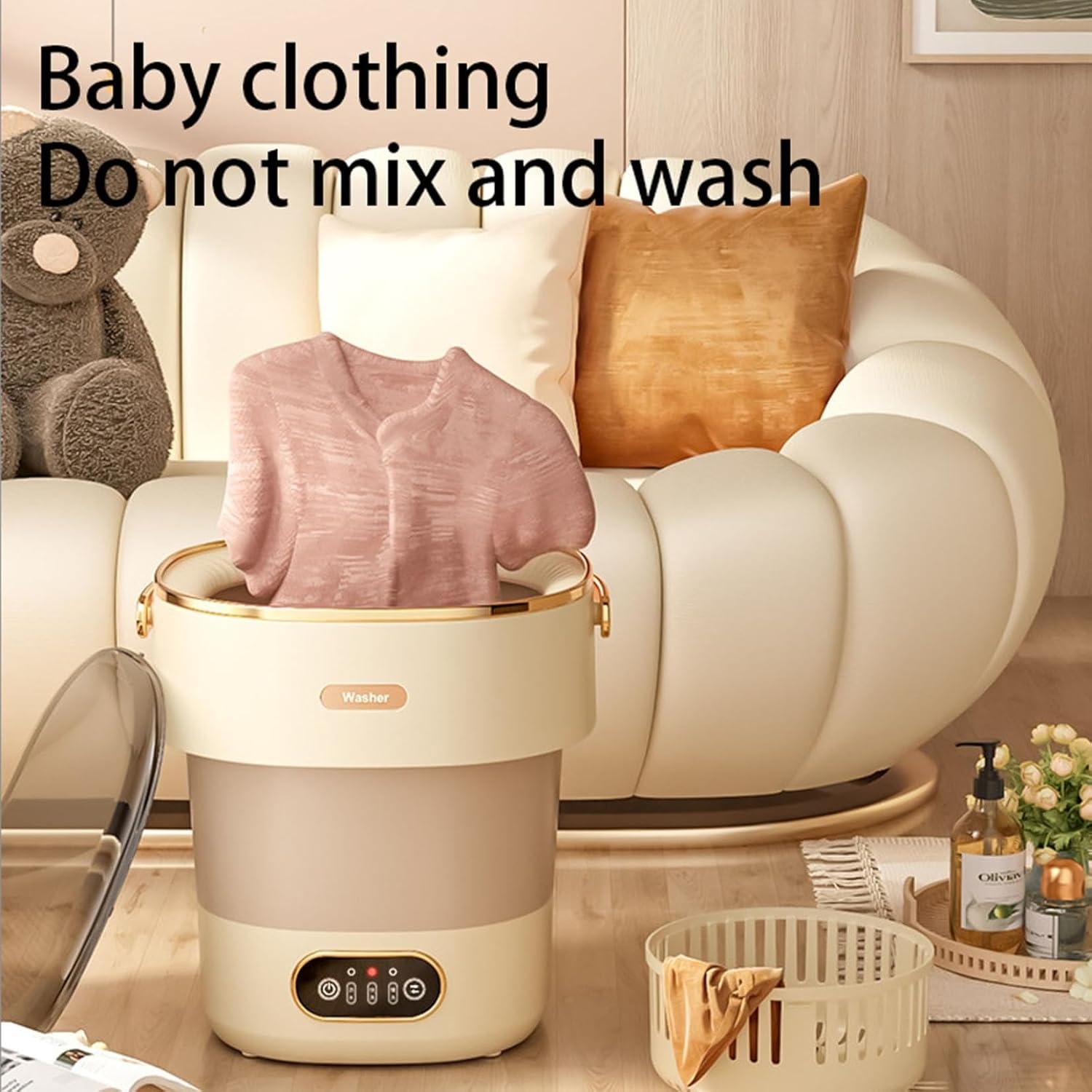 Mini Portable Washing Machine Laundry Cup 15L Washer with 3 Cleaning Modes and Drain Pipe for Apartments Travel and RV, Folding Clothes Washing Machines for Underwear and Baby Clothes (Beige)