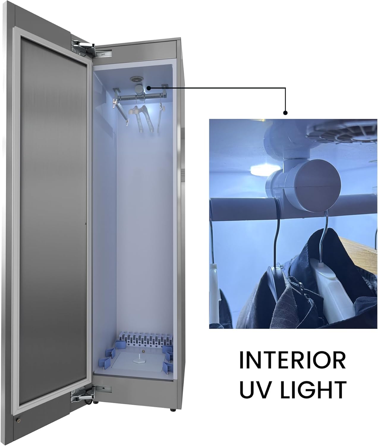 Equator 7.6cf Smart Steam Dryer Closet 4 Moving Hangers Quick20 Refresh Wrinkle Free in Stainless Steel left Hinge