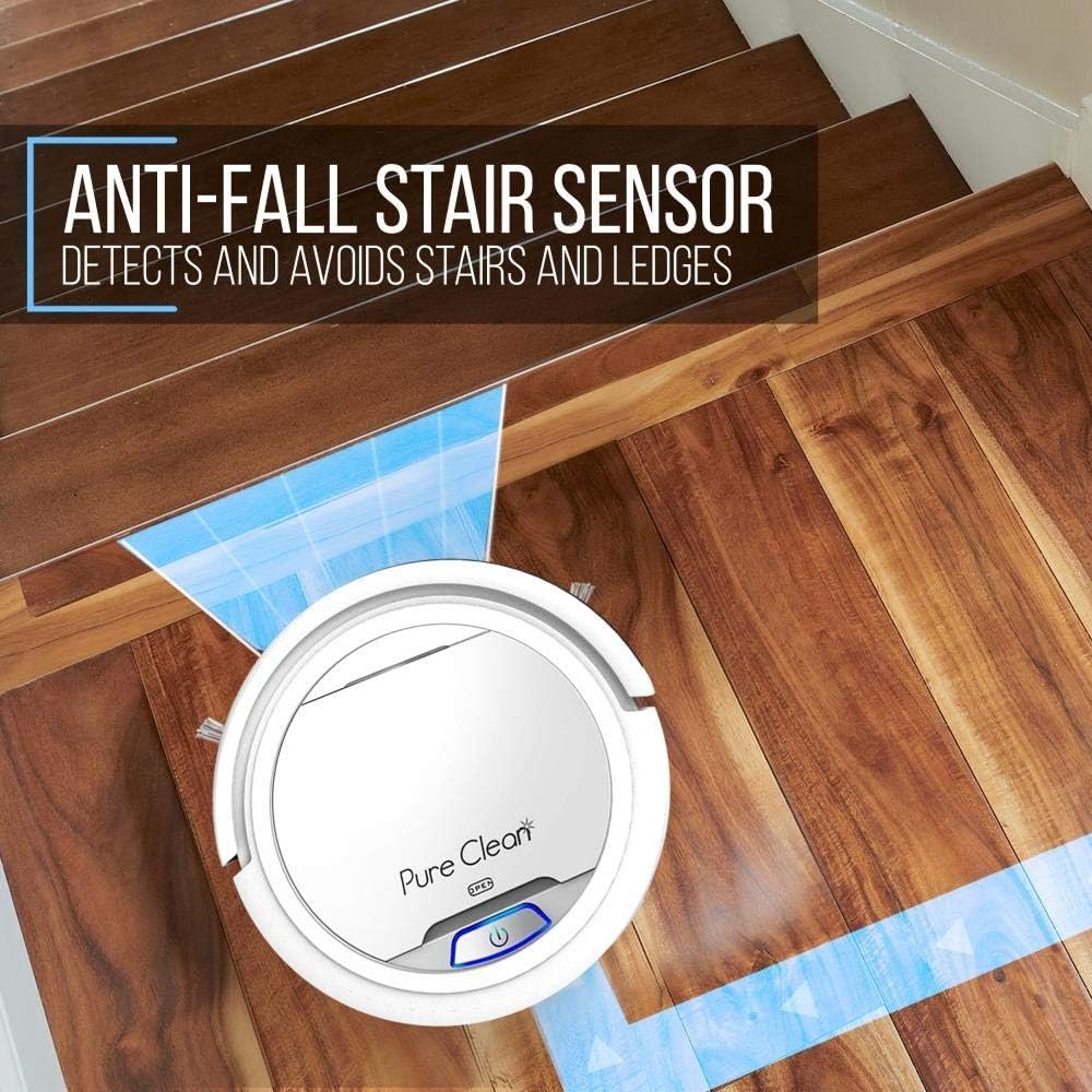 Pure Clean Automatic Robot Vacuum - Robotic Auto Home Cleaning for Clean Carpet Hardwood Floor - Cleaner Bot Self Detects Stairs - HEPA Filter - PUCRC25 (White) (Renewed)