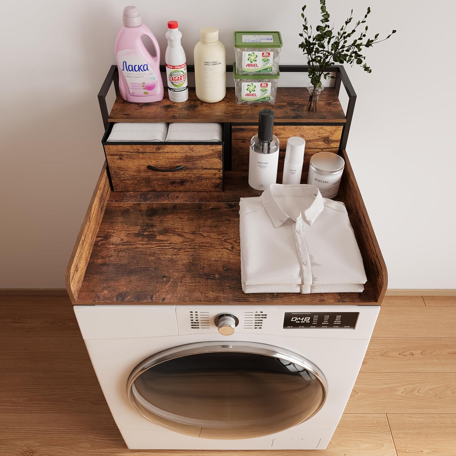 2-Tier Washer Dryer Countertop single with shelf and fabirc drawer,laundry topper with Edge and Non-Slip Pad for Washer Dryer Laundry Hamper Counter Storage Organization (rustic brown, single)