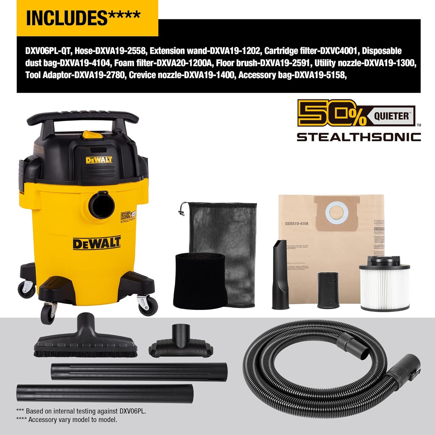 DEWALT 6 Gallon STEALTHSONIC Shop Vacuum Wet and Dry DXV06PL-QT, Ultra Quiet 4 Peak HP Wet Dry Vac for Jobsite & Workshop