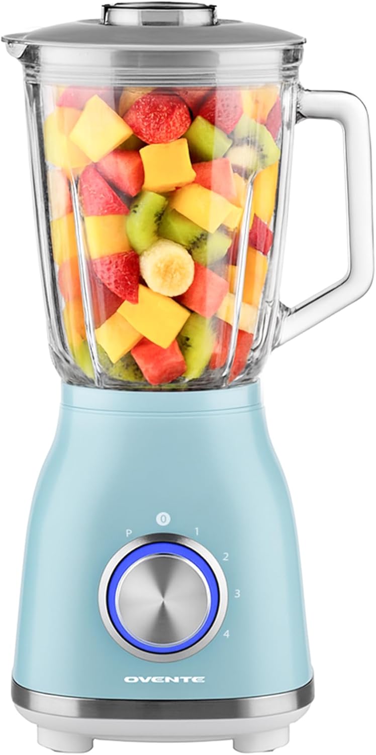 OVENTE Countertop Blender for Shakes and Smoothies with 550W Motor, 50 Oz Glass Jar and Adjustable 4 Speed Settings Ideal for Frozen Fruit Drinks, Puree, Ice Crush, Sauces and More, Blue BLH2604LBL