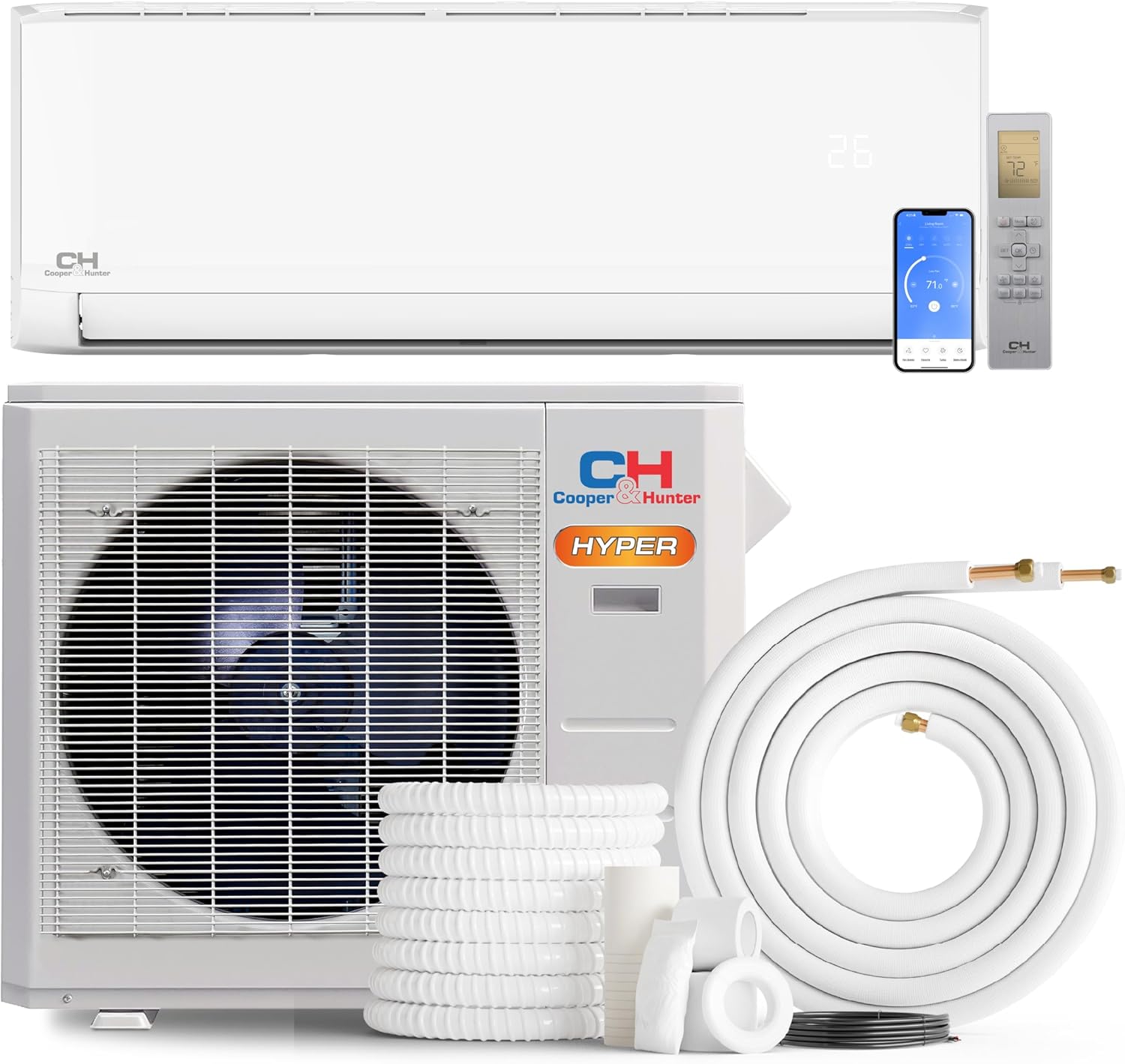 Cooper & Hunter Hyper Heat 24,000 BTU, 230V, 22.3 SEER2 Single Zone Wall Mount Ductless Mini Split Air Conditioner & Heater (Works at -22F) – 16FT Installation Kit & Smart Kit – Pre-Charged Inverter