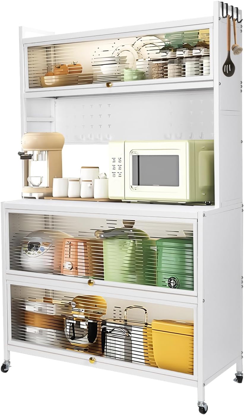 4-Tier Microwave Stand with Flip Door Storage Cabinet, Kitchen Baker's Rack, Standing Buffet Sideboard for Spices, Dishes, Pots, and Pans