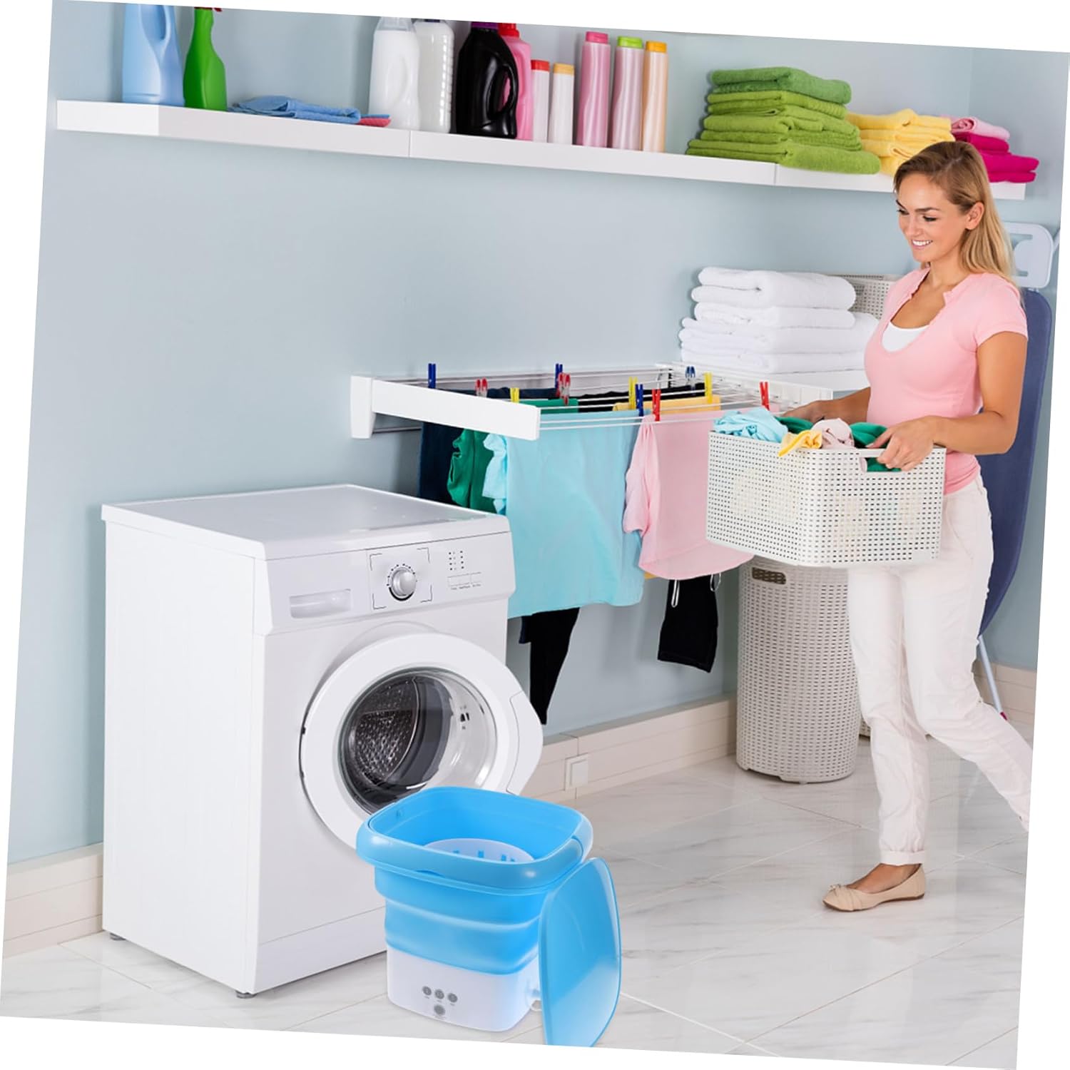 Portable Folding Washing Machine Compact Lightweight Mini Washer for Apartments Camping Travel with Timer Touchscreen and Efficient Drainage System