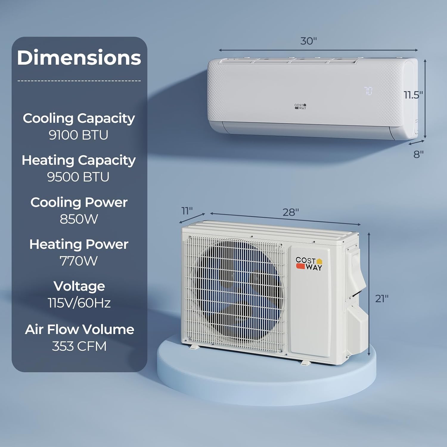 COSTWAY 9000 BTU Mini Split Air Conditioner, with Heat Pump, 20.5 SEER2 115V Inverter, 24H Timer, Auto Clean, Remote Control for Rooms up to 450 Sq.Ft (Airtural Series)