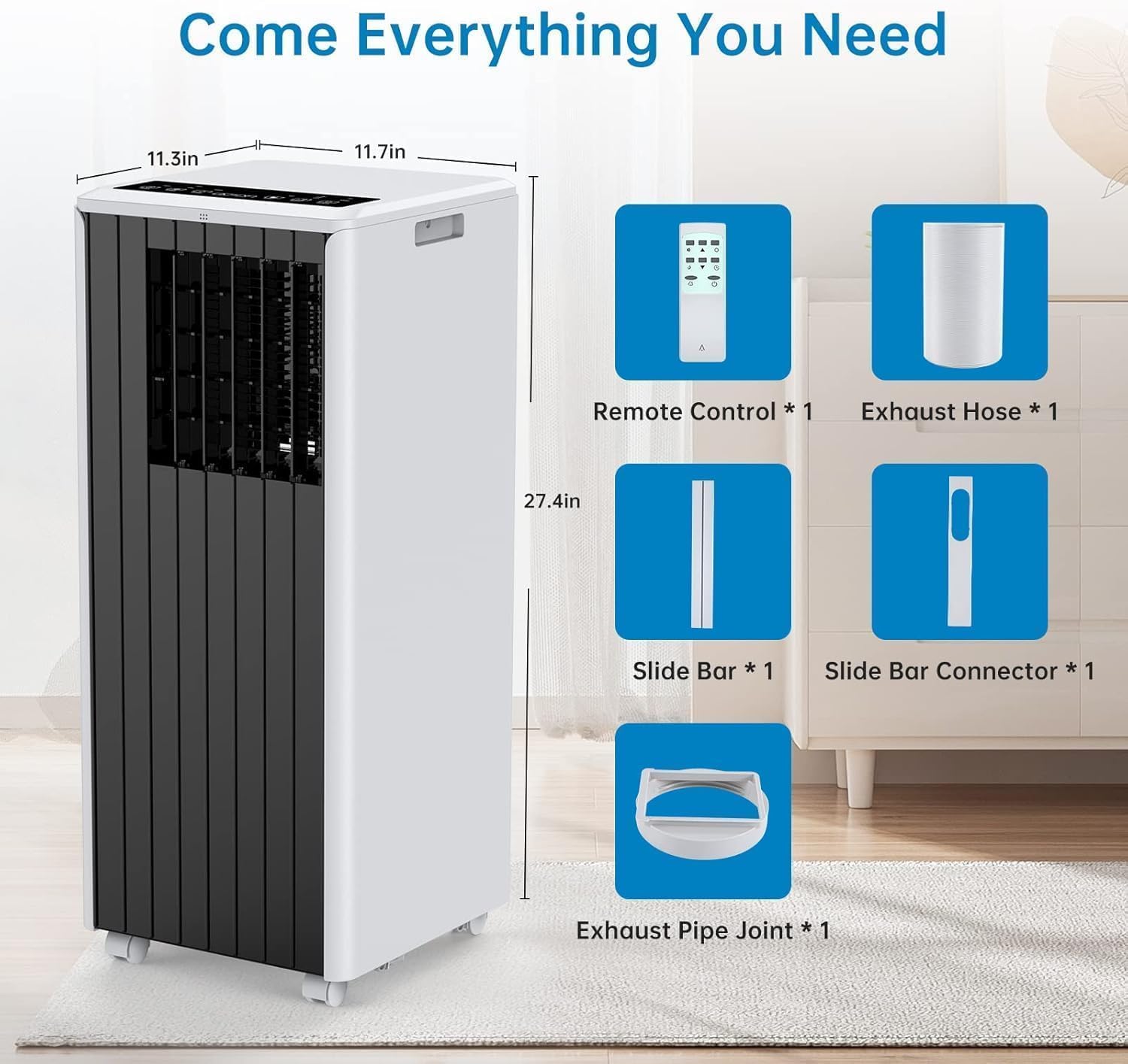 8000 BTU Portable Air Conditioner for 350 Sq Ft - 3-In-1 AC Unit with Cooling, Dehumidifier & Fan Modes, Remote Control, 24H Timer, Installation Kit for Home, Office & Dorm