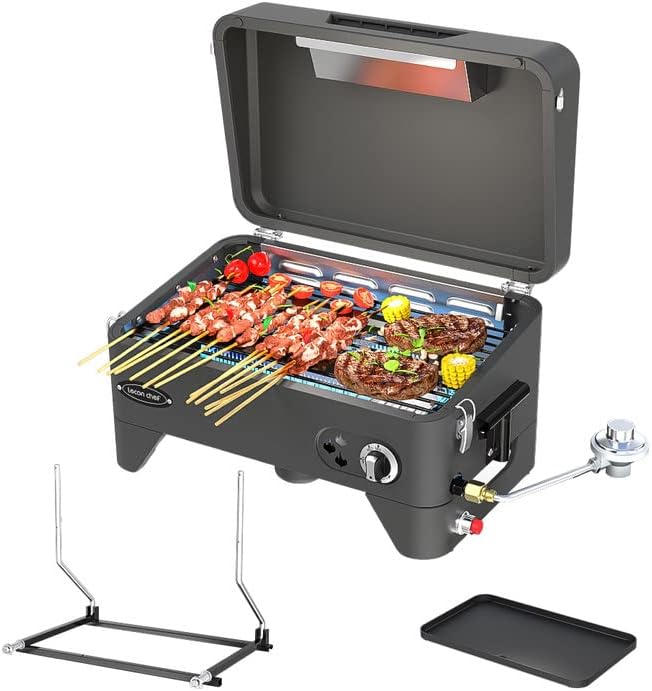 Leconchef 2 in 1 Gas Grill with hood,Portable Griddle Propane for Outdoor,RV,BBQ Camping 16.3 inch,12000 BTU Tabletop and standing