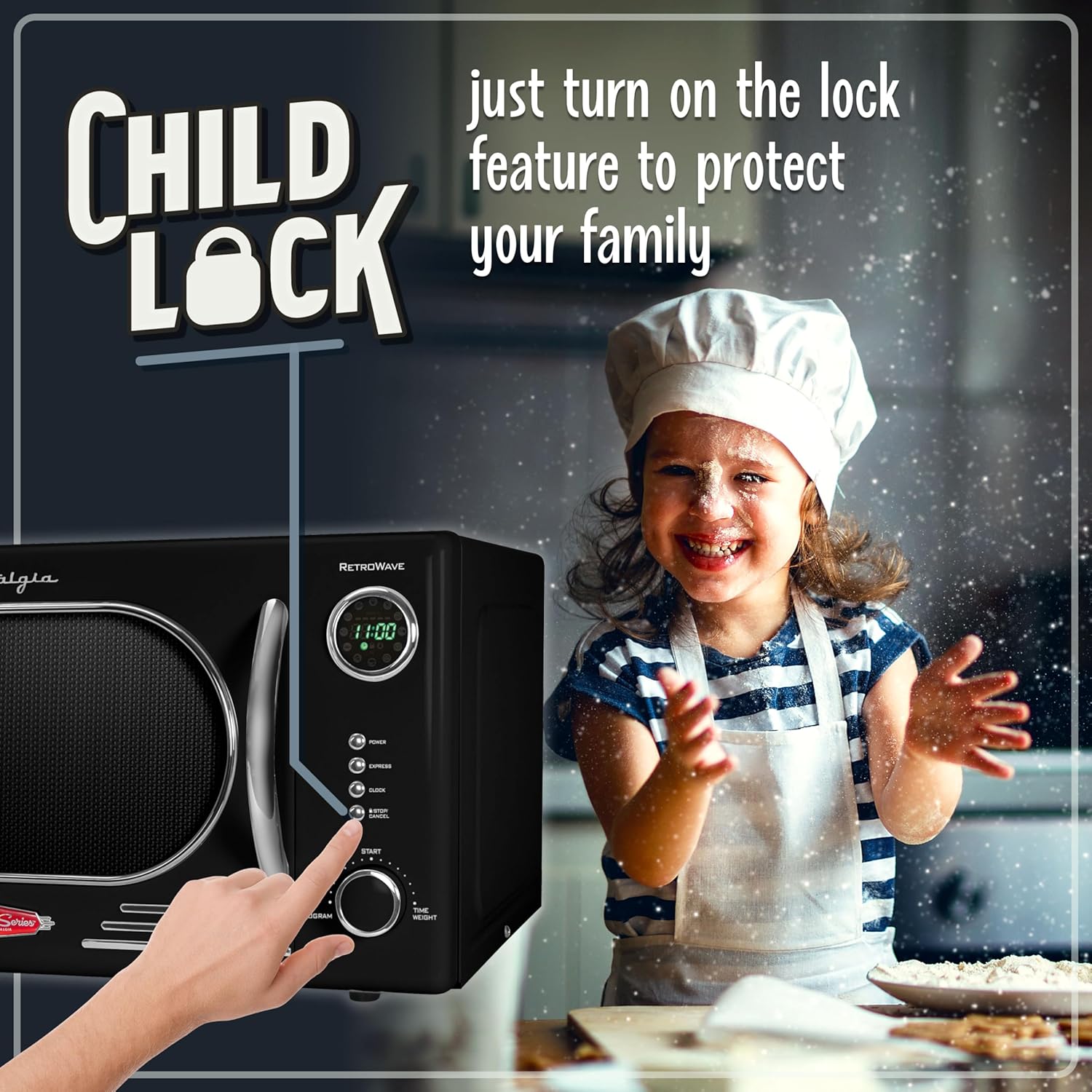 Nostalgia Retro Countertop Microwave Oven - 1.1 Cu Ft & 1000 Watt Power- Easy to Clean with Removable Glass Turntable - Child Safety Lock - 12 Programs - Digital Clock - Black