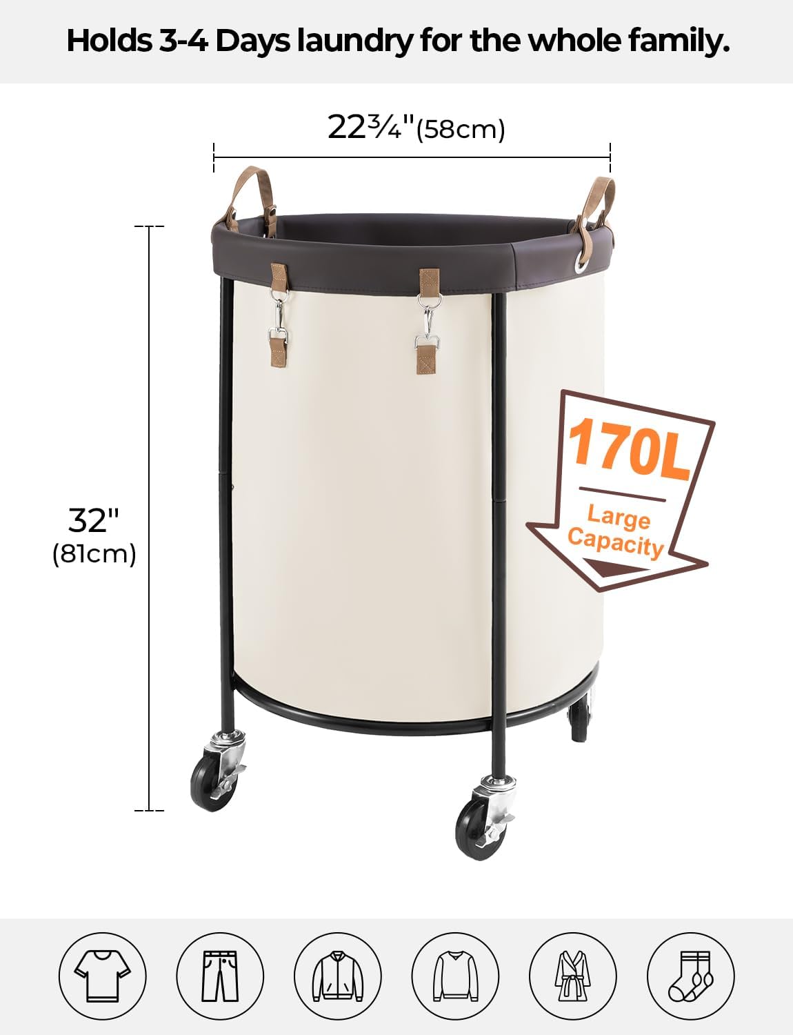 StorageWorks 170L Rolling Laundry Basket, Clothes Hamper with Wheels, Round Clothing Cart with Steel Frame and Removable Bag, 4 Casters and 2 Brakes, Beige, 1-Pack