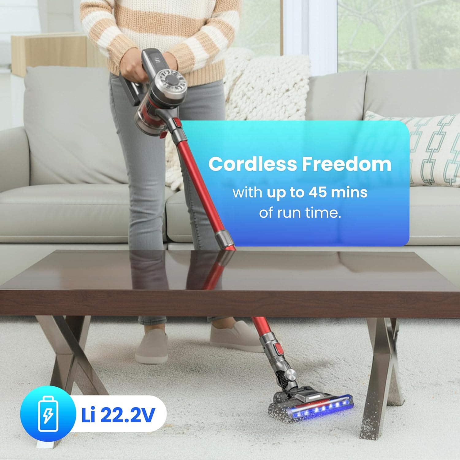 Cordless Stick Vacuum, Red, 45 Min Runtime, LED Headlights, 2-Speed, Telescopic Tube with Main Vacuum Brush, Crevice Tool, dust Brush, Removable-Rechargeable Battery Pack with Charging Cord