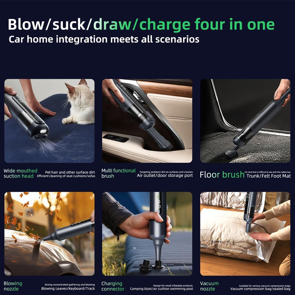 Pet Hair Absorber 4-in-1 Car Mini Vacuum Cleaner, 16000Pa Suction Power, Brushless Motor, Type-C Charging, Air Inflation, Vacuum Pumping, for Dogs Cats Home Car Corner Cleaning (Grey (LED Screen))