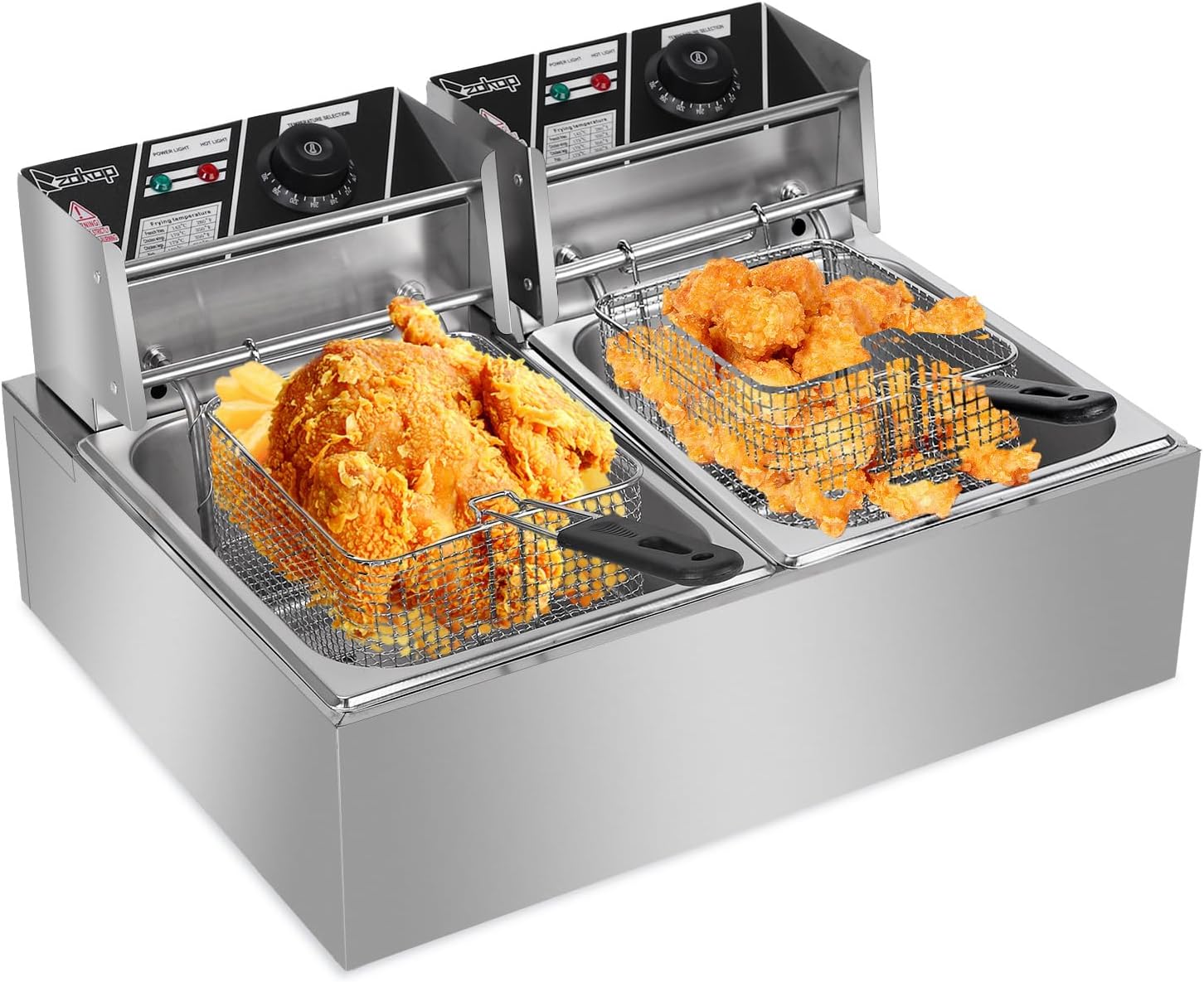 5000W Fast-Heating Commercial Deep Fryer With Basket | 25.4QT Double Tank Electric Fryer, Adjustable Temp 140-392°F, Countertop Oil Fryer for Restaurant & Home Use, Stainless Steel