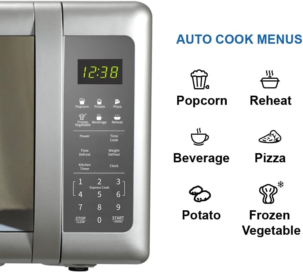 Emerson MW7601SL-N Countertop Microwave Oven with Sleek Mirrored Finish Glass Door, 700W, 10 Power Levels and 6 Pre-Programmed Settings with Child Safe Lock, 0.7. Cu. Ft., Silver