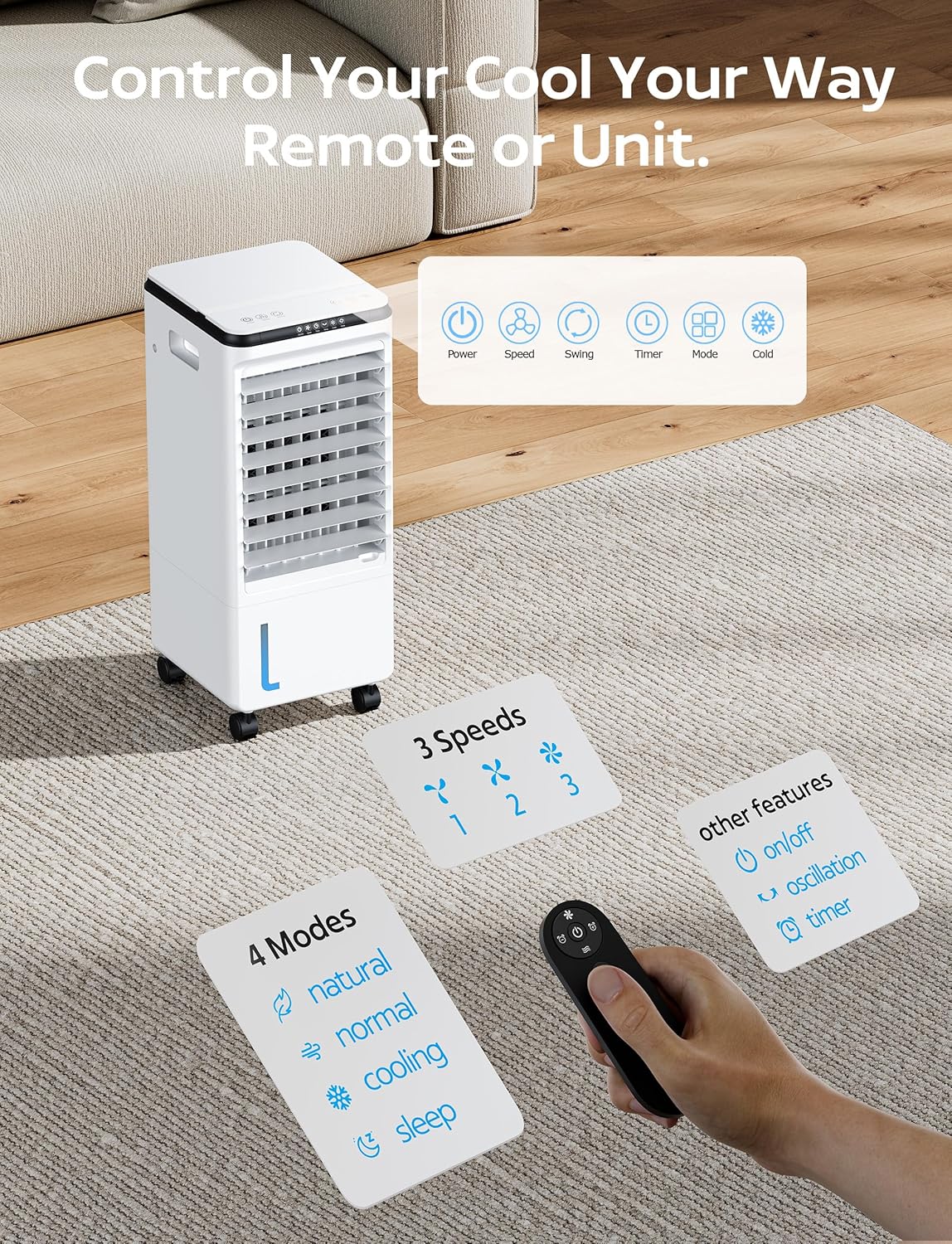 Windowless Portable Air Conditioner for Room, Evaporative Air Cooler w/7H Timer, 4 Modes & 3 Speeds, Swamp Cooler air conditioner with remote, Portable ac Unit no Window no Hose Needed, Pearl