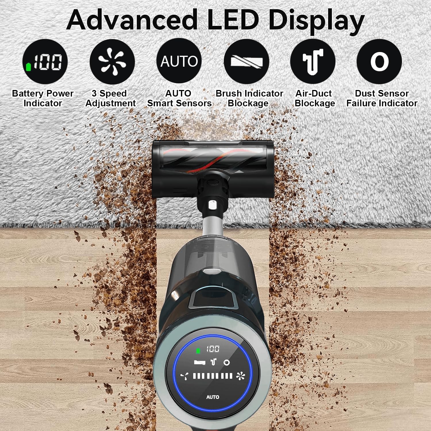 V12 Cordless Vacuum Cleaner, 400W 65Mins Cordless Stick Vacuum Powerful Suction, LED Touch Display, Rechargeable Wireless Handheld Lightweight Vacuum for Home, Hard Floors, Carpet, Car, Pet Hair