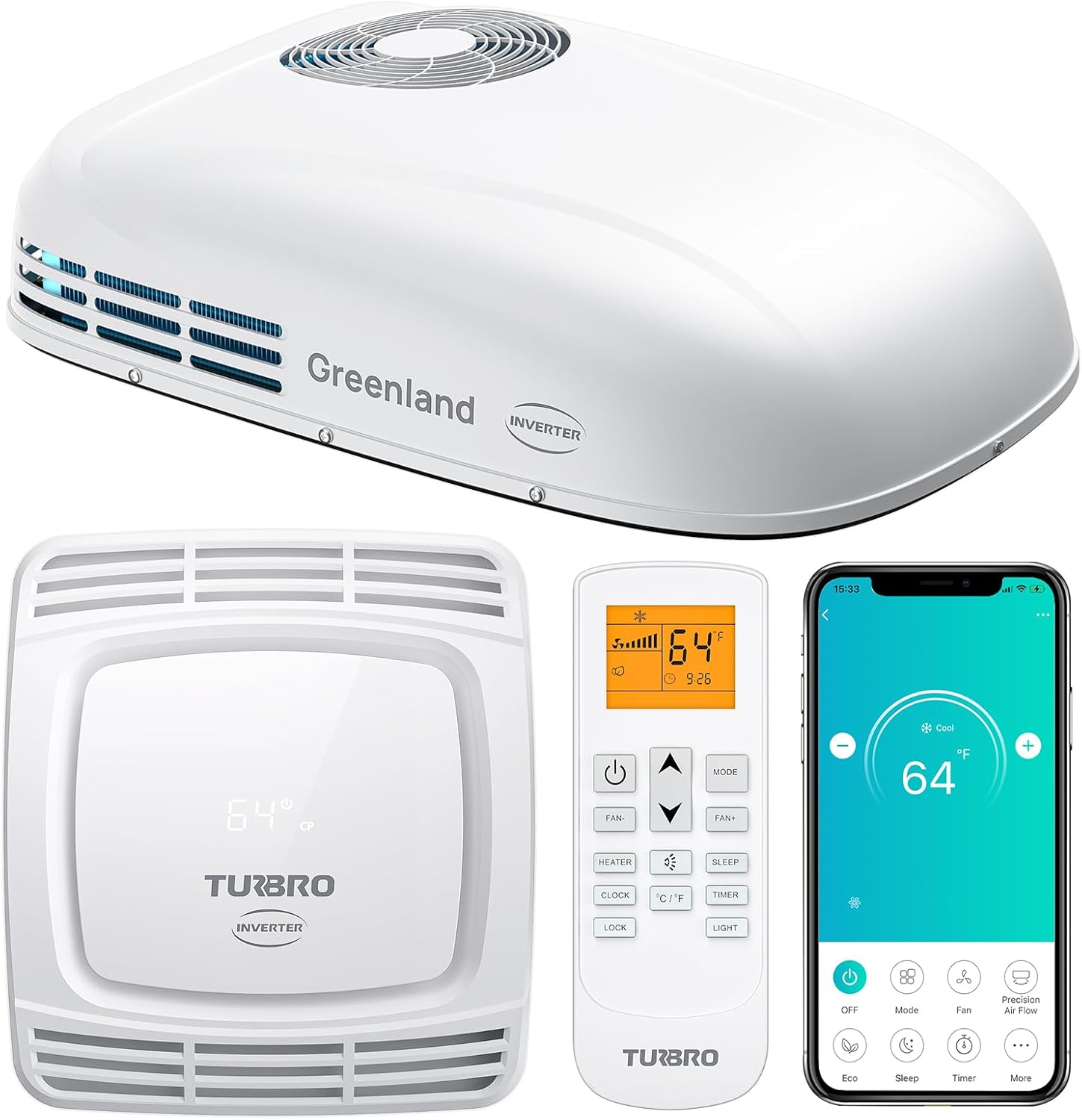 TURBRO Inverter 13.5K BTU RV Air Conditioner with Cooling and Heat Pump | Non-Ducted Low-Profile Rooftop Unit | Quiet Operation | WiFi & Remote Control | LED Atmosphere Light, White