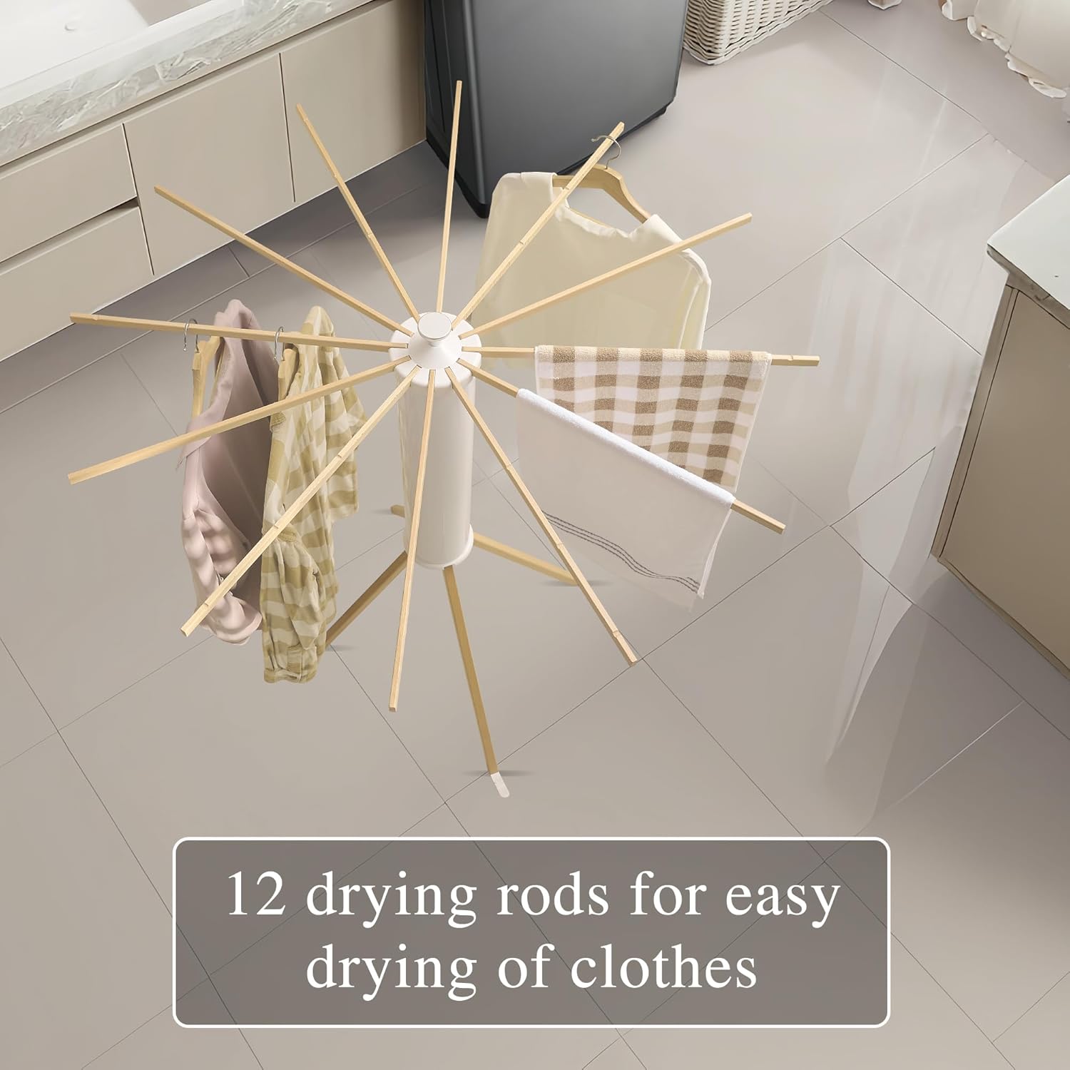LEQ Clothes Drying Rack Portable,Foldable Drying Rack Clothing with 12 Wood Drying Arms, Standing Laundry Hanger Rack Round Collapsible & Portable Dryer Handle for Laundry Room, Balcony, Bedroom, RV