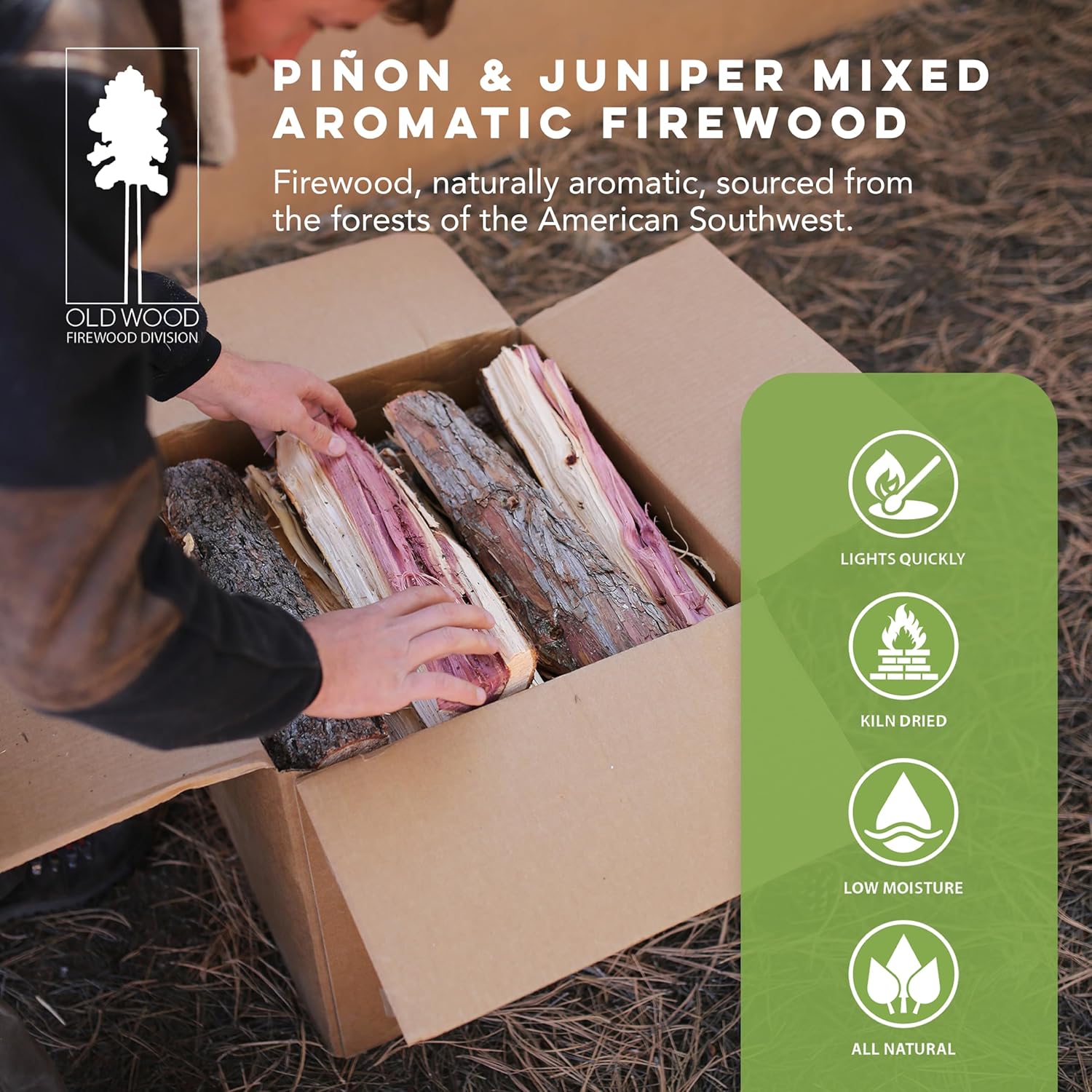 Old Wood Piñon & Juniper Firewood Box - Aromatic Blend for Indoor/Outdoor Use, 13-14 Inch Logs, Southwest Scent - Ideal for Fireplace, Fire Pit, Campfire, BBQ- Approximately 35 Pounds (1.5 Cubic Feet)