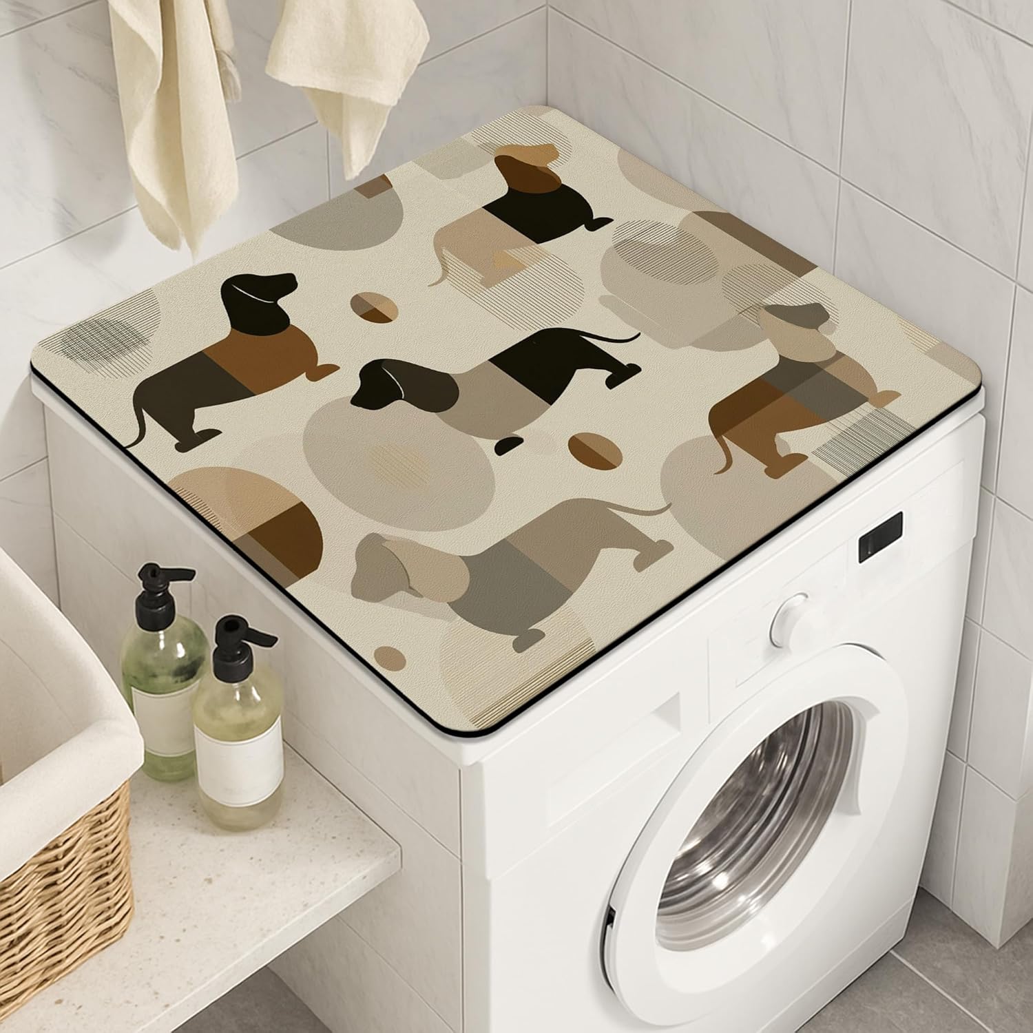 Dachshund Washer Dryer Top Protector Mat, Retro Geometric Dog Print Laundry Machine Dust Top Covers, Modern Rubber Anti-slip Waterproof Washer And Dryer Mats for Laundry Room 24x24 Inch