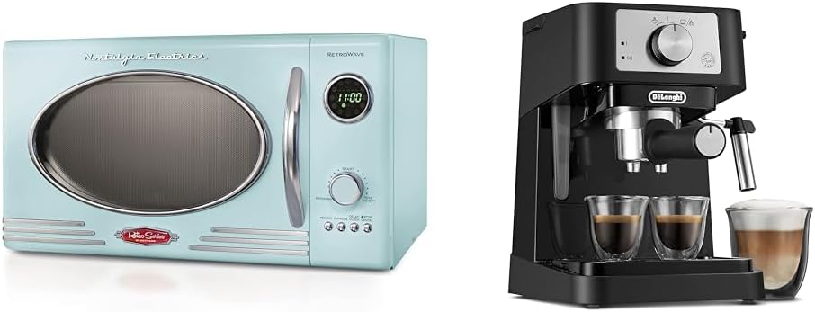 Nostalgia Retro Countertop Microwave Oven - Large 800-Watt - 0.9 cu ft & De'Longhi Stilosa Manual Espresso Machine, Latte & Cappuccino Maker