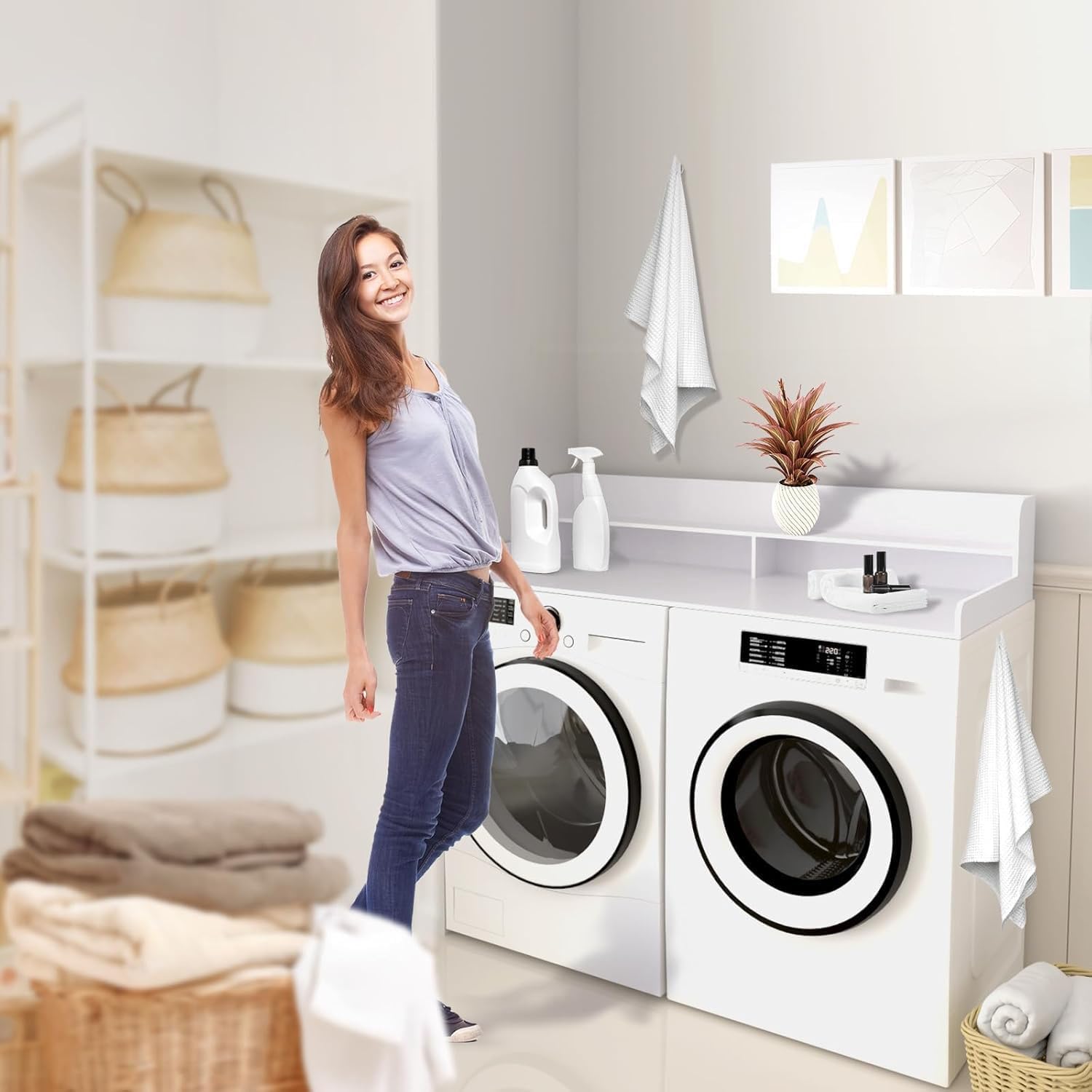2-Tier Washer and Dryer Countertop Shelf, White Laundry Topper with Non-Slip Pads, Laundry Room Storage & Organization for Small Apartment Kitchen