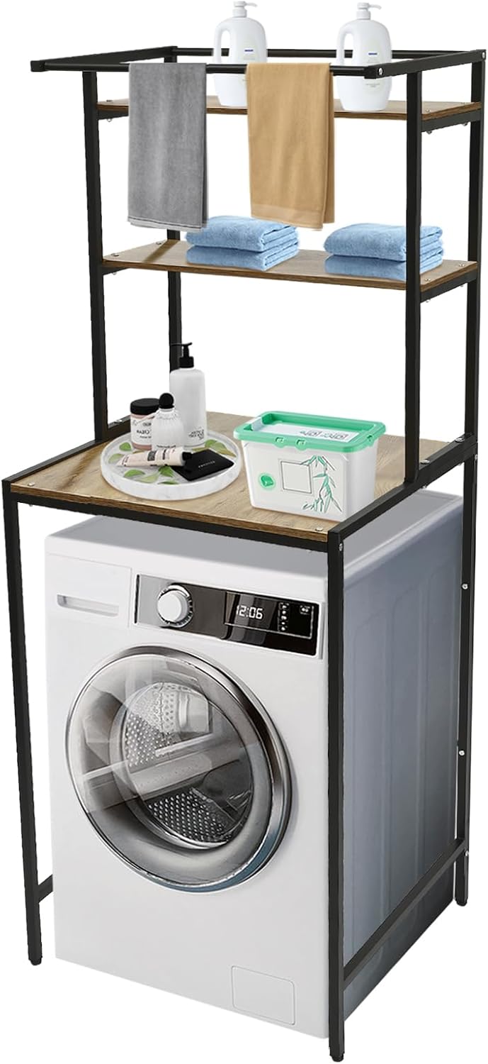 Over Washer Dryer Standing Rack Stand with Adjustable Rubber Feet, Hanging Towels Organizer Laundry Products Storage Shelf for Bathroom Laundry Room Space Saver (Black+Oak)