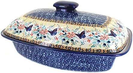 Blue Rose Polish Pottery - Yellow Blue Butterfly Covered Baker - 2 QT Capacity - Unique, Dishwasher Safe, & Durable Bakeware