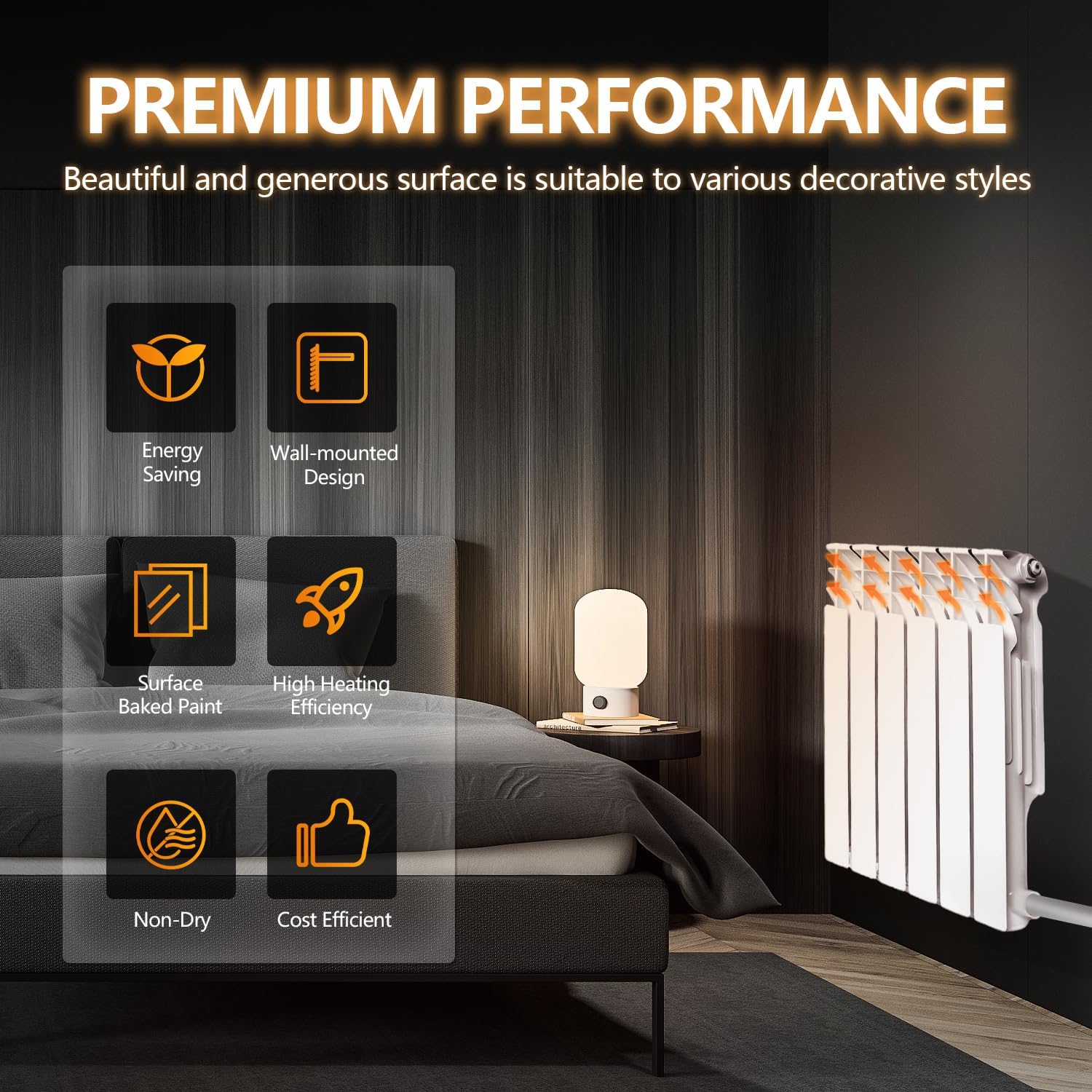 Quiet Energy Saving Hot Water Radiator, 10-Panel Wall-Mounted Aluminum Radiator Heater for Kitchen, Bathroom and Bedroom